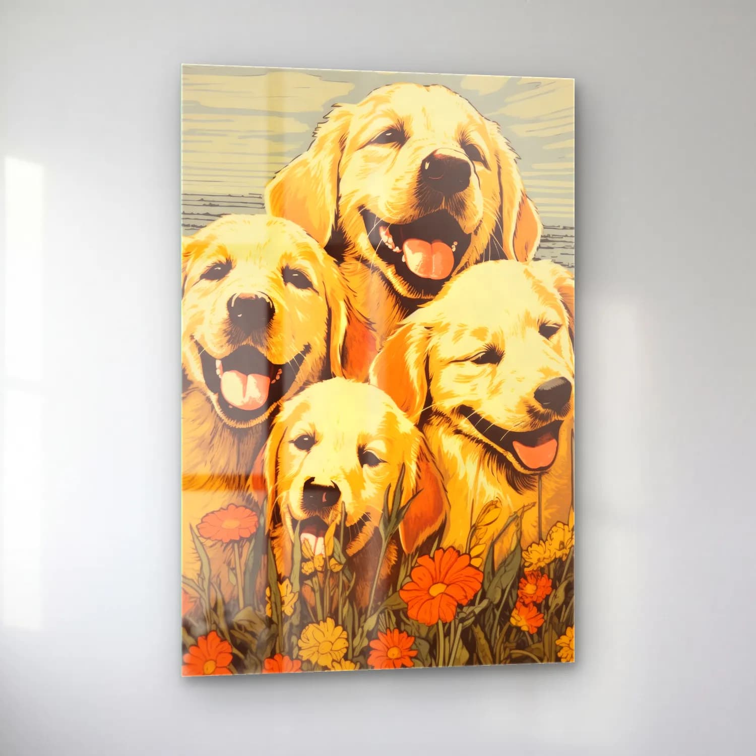 Vintage Poster Köpek – Sarı Tonlar cam tablo — sol açıdan görünüm