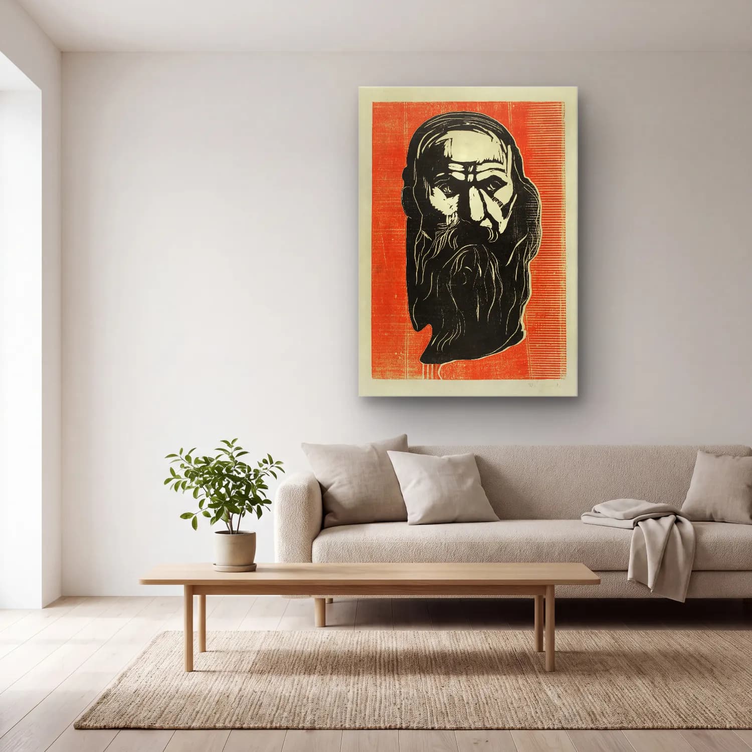Vintage Poster Erkek Portresi – Kırmızı Tonlar cam tablo — açık renk salonda