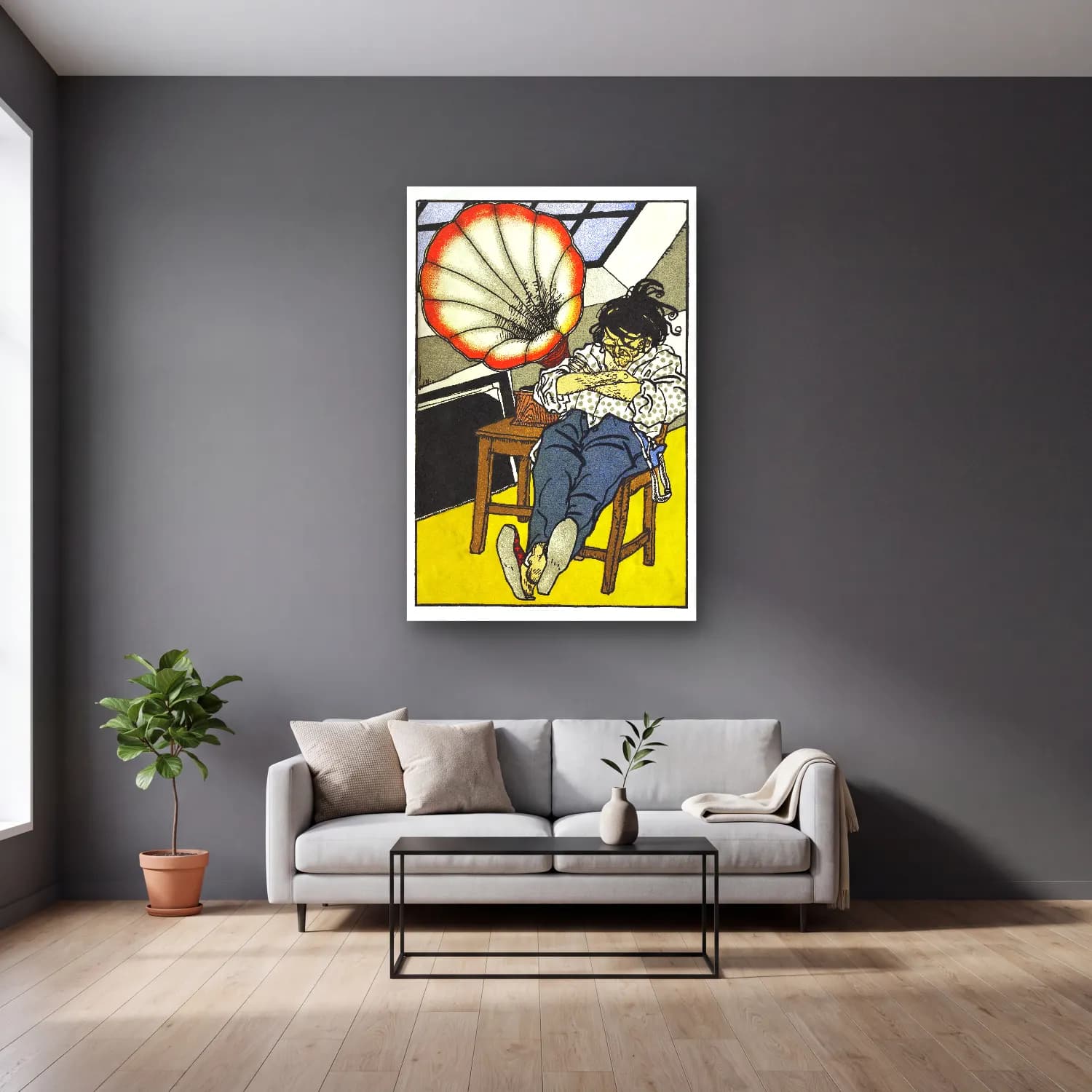 Vintage Poster Kitap Okuyan Kadın – Sarı Tonlar cam tablo — gri duvarlı salonda