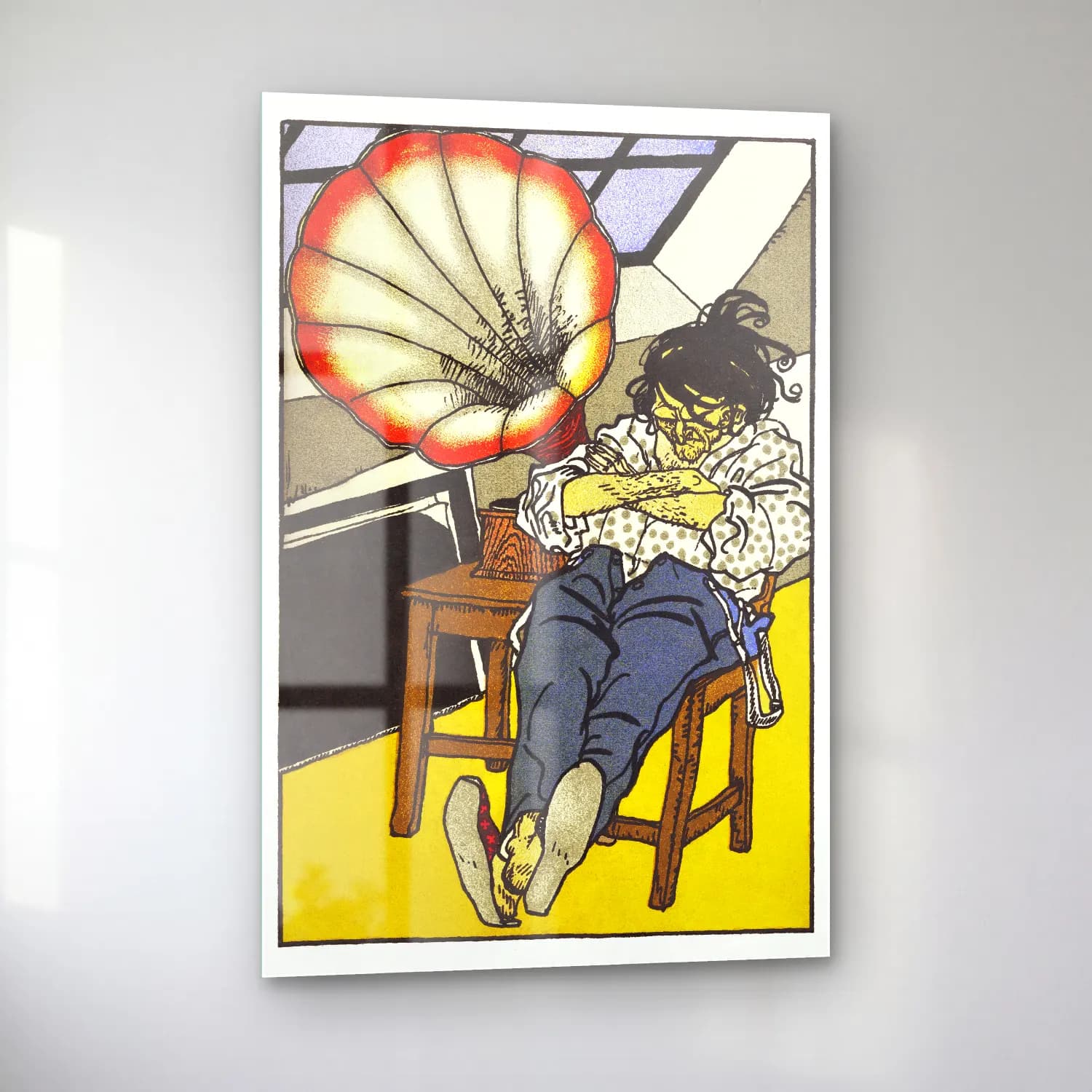 Vintage Poster Kitap Okuyan Kadın – Sarı Tonlar cam tablo — sol açıdan görünüm