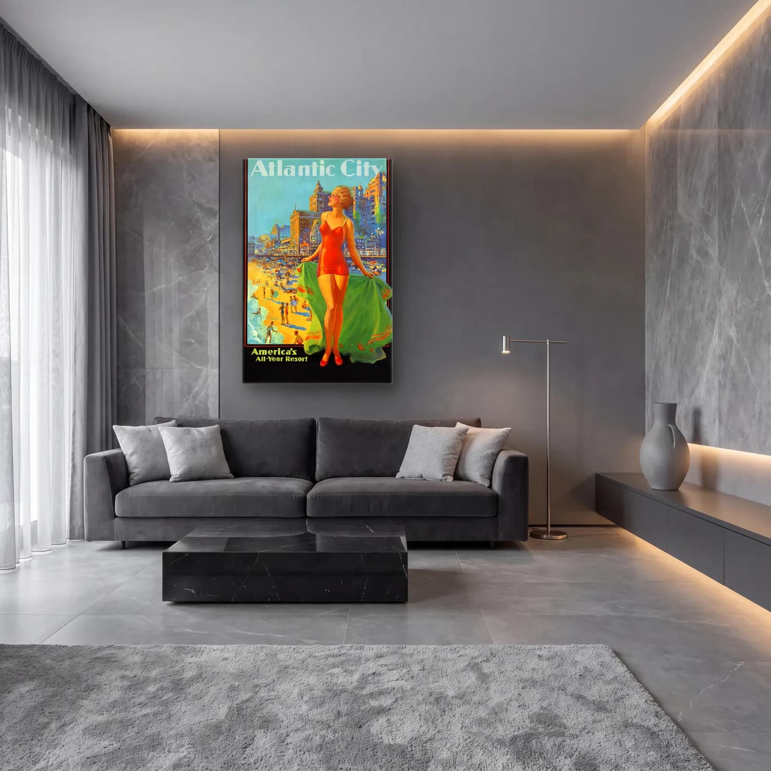 Vintage Poster Sahilde İnsanlar – Turuncu Tonlar cam tablo — lüks salon duvarında
