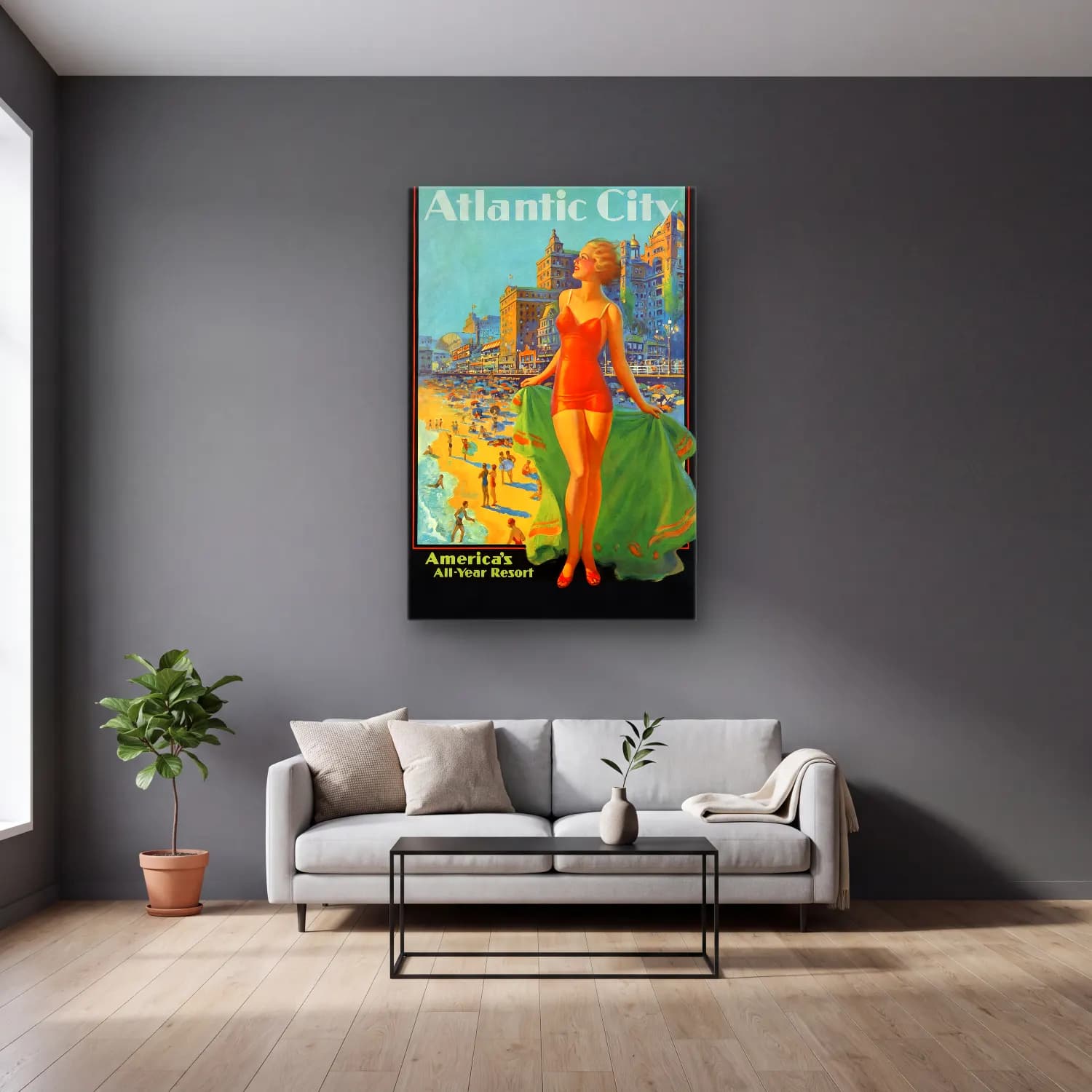 Vintage Poster Sahilde İnsanlar – Turuncu Tonlar cam tablo — gri duvarlı salonda