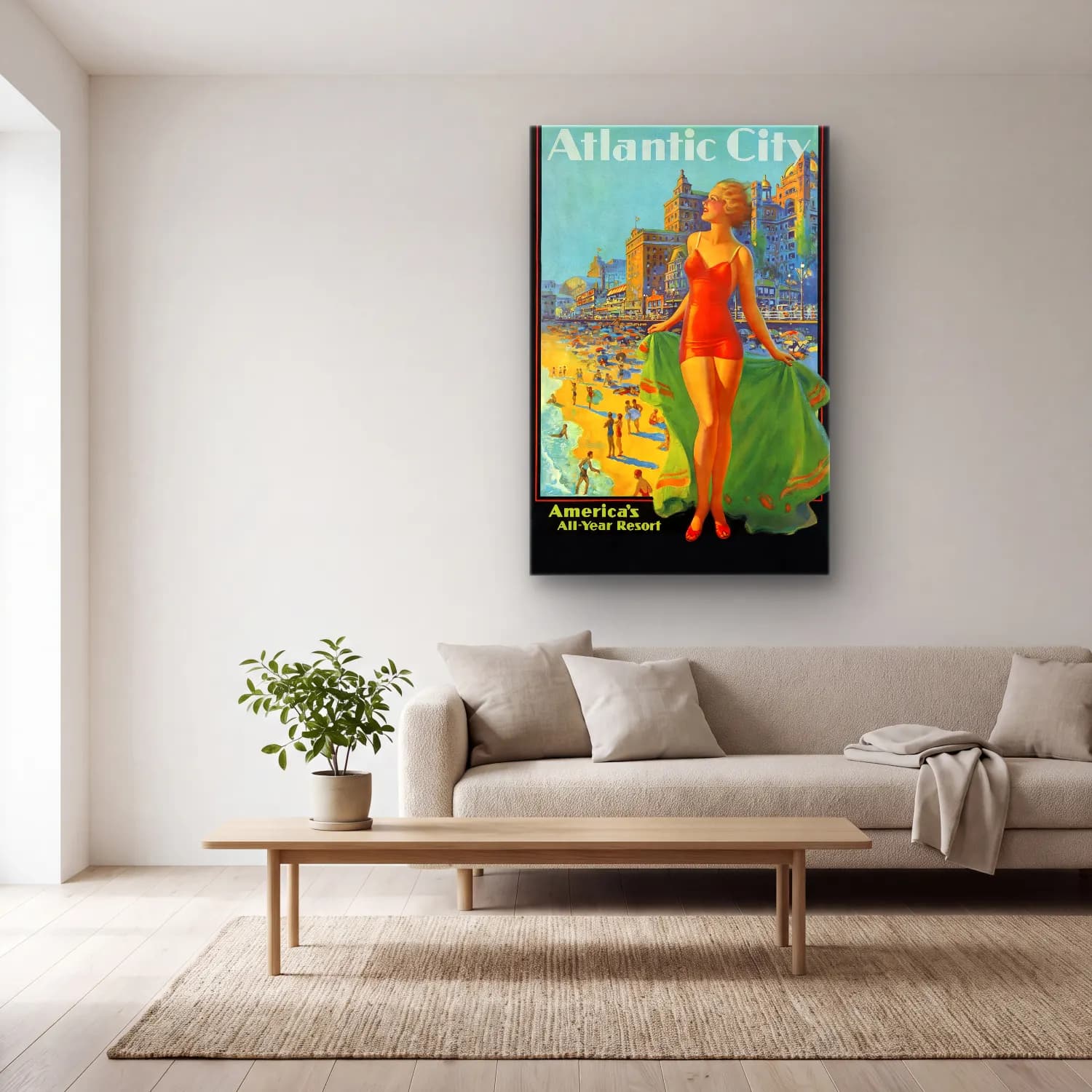 Vintage Poster Sahilde İnsanlar – Turuncu Tonlar cam tablo — açık renk salonda