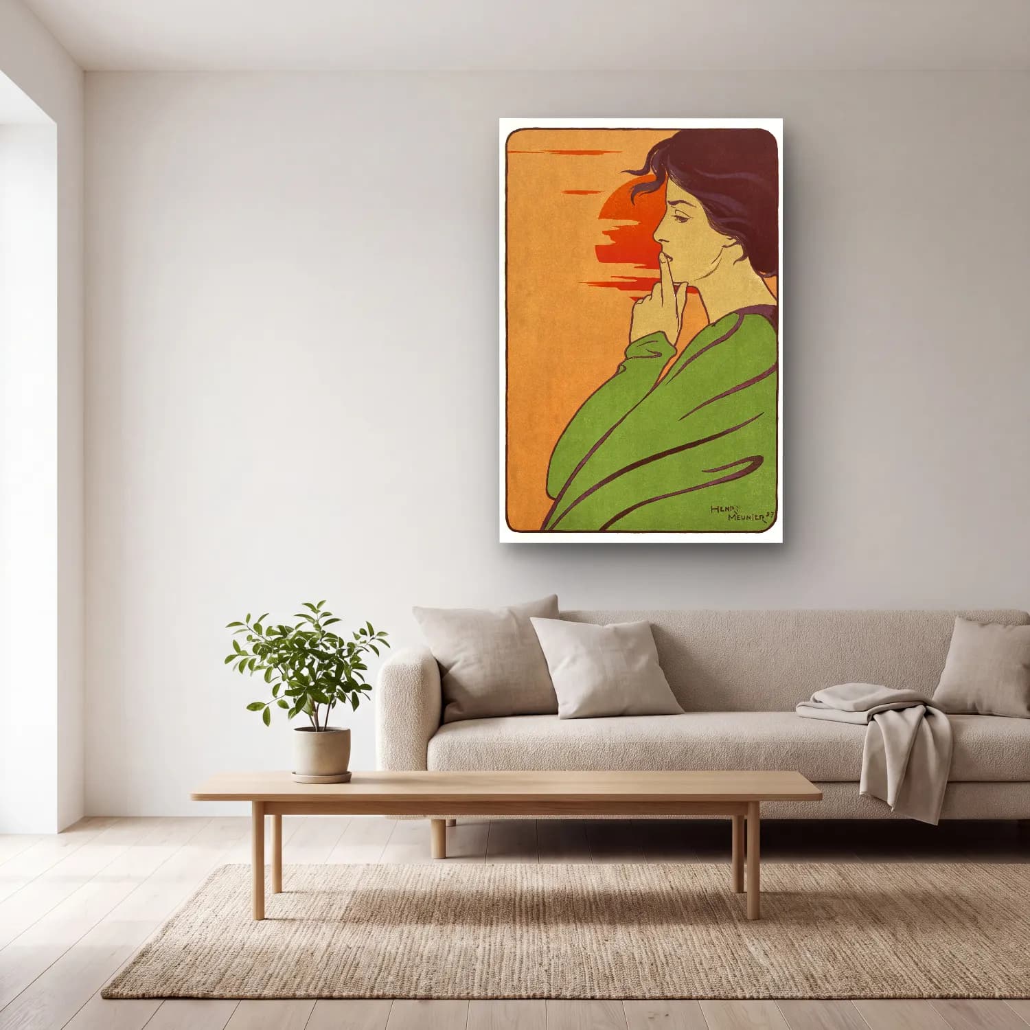 Vintage Poster Kadın Portresi – Turuncu Tonlar cam tablo — açık renk salonda