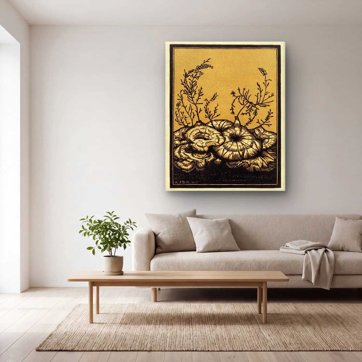 Botanik İllüstrasyon Çiçek Deseni No. 48 cam tablo — açık renk salonda