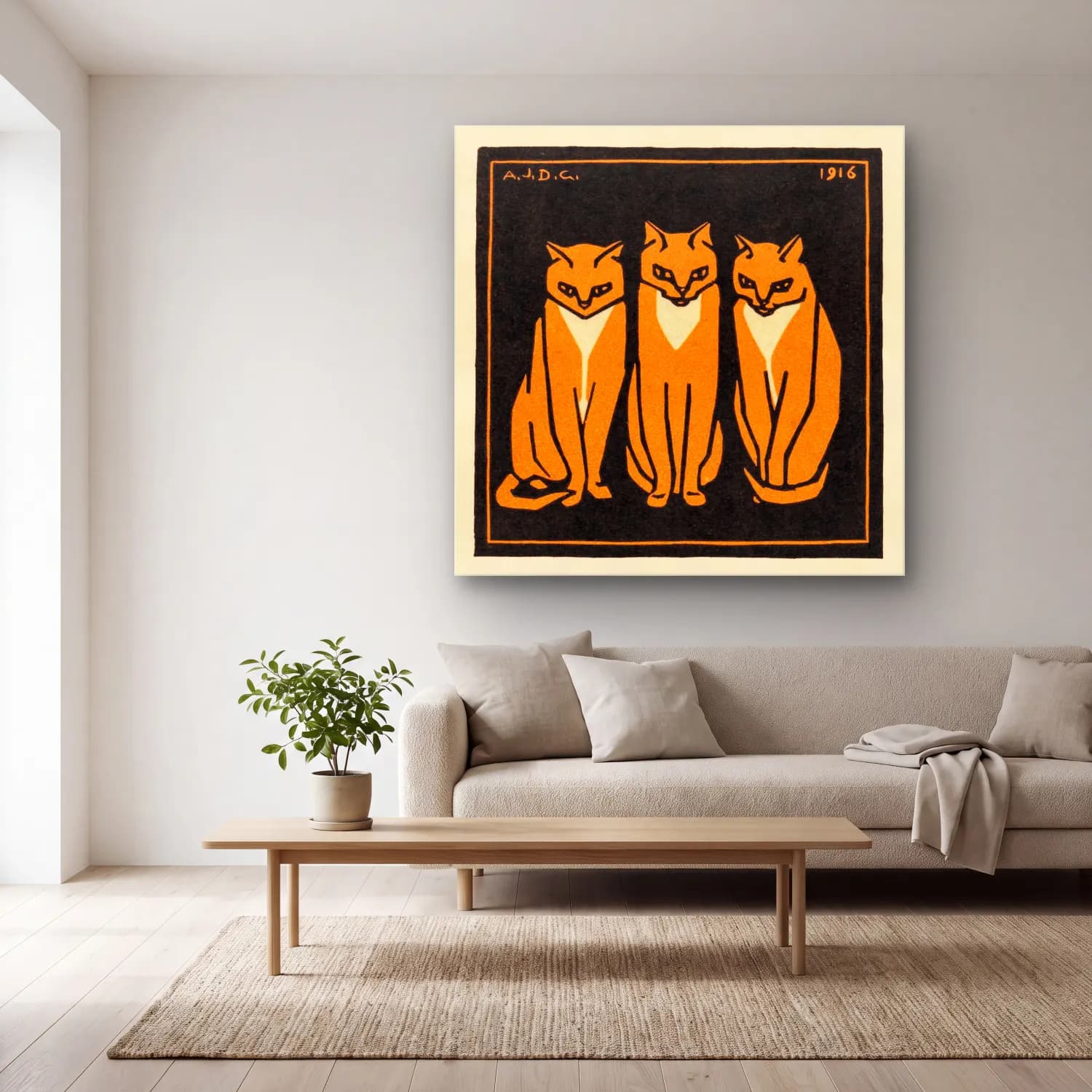 Vintage Kedi No. 18 cam tablo — açık renk salonda