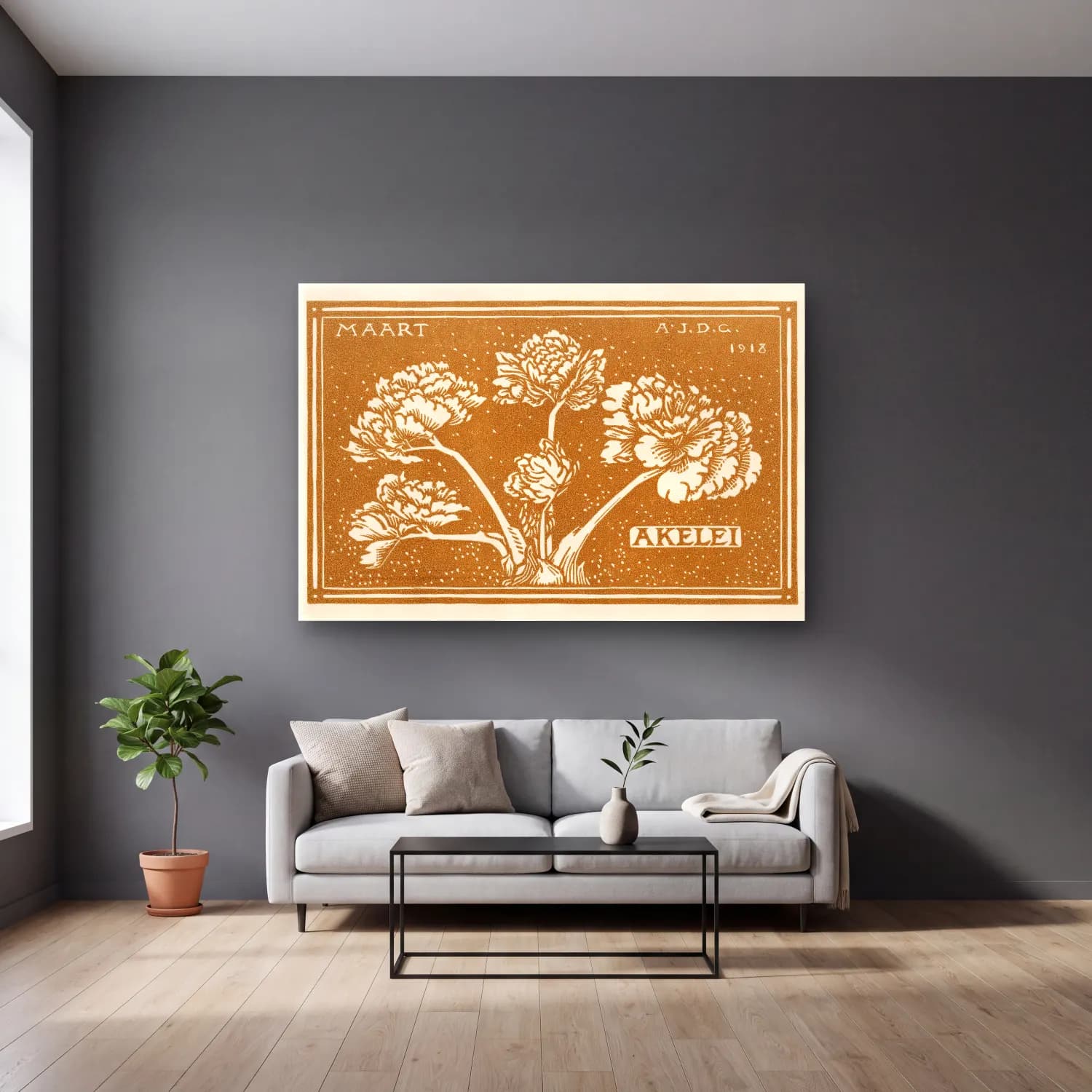 Botanik İllüstrasyon Çiçek Deseni No. 49 cam tablo — gri duvarlı salonda