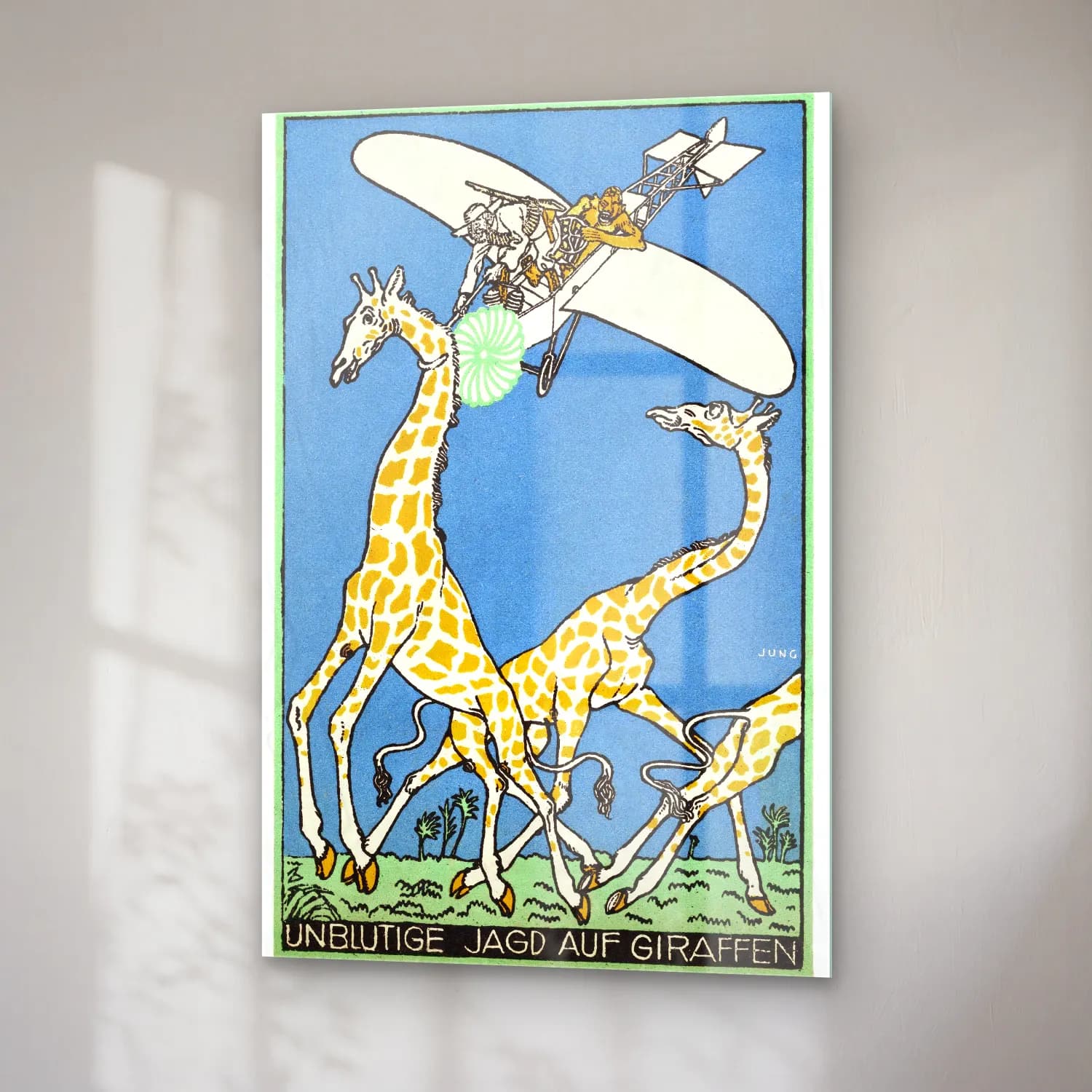 Vintage Poster Zürafa – Turkuaz Tonlar cam tablo — sağ açıdan görünüm