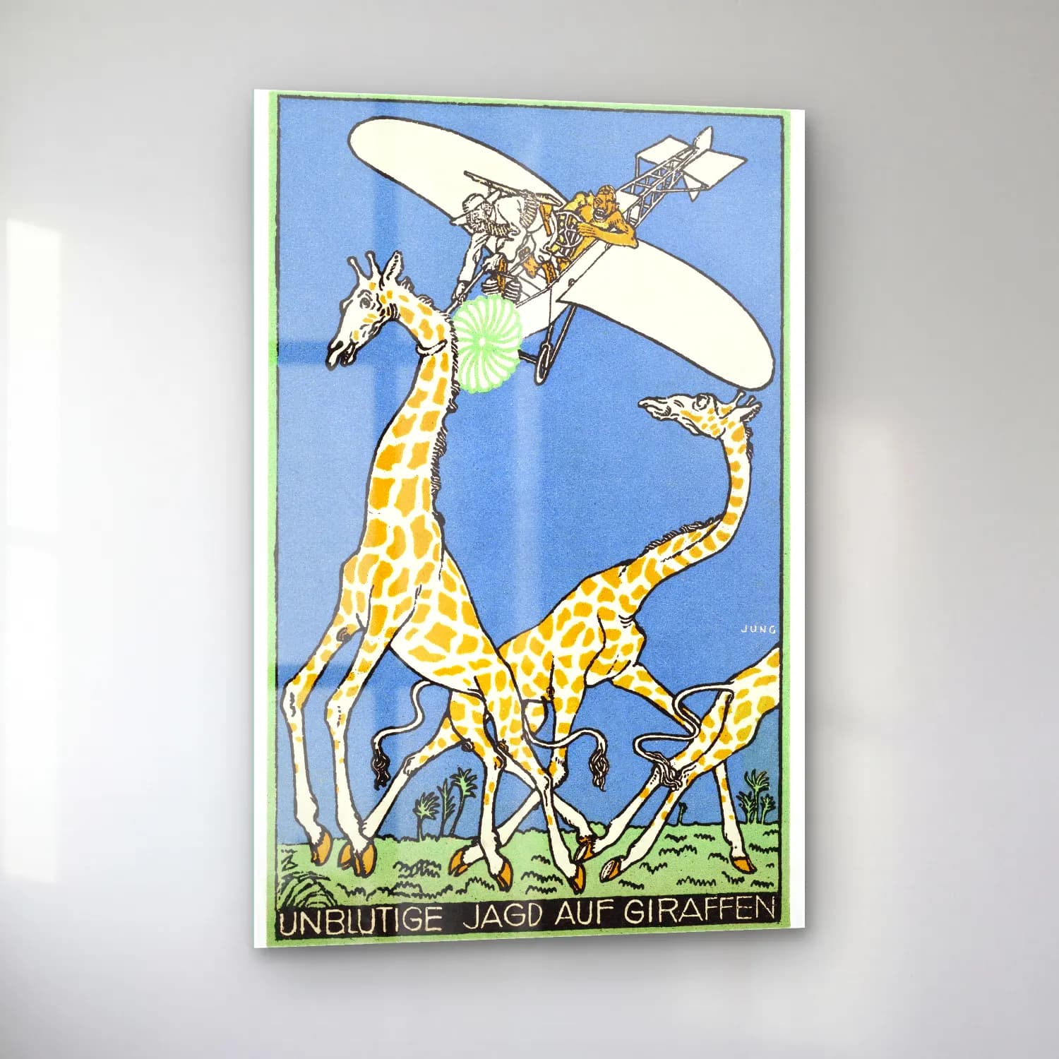 Vintage Poster Zürafa – Turkuaz Tonlar cam tablo — sol açıdan görünüm