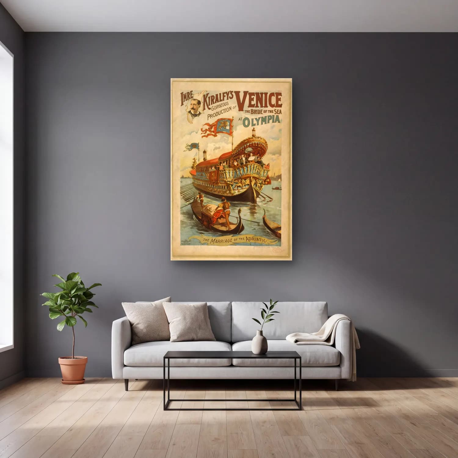 Vintage Poster Liman ve Tekneler – Mavi Tonlar cam tablo — gri duvarlı salonda