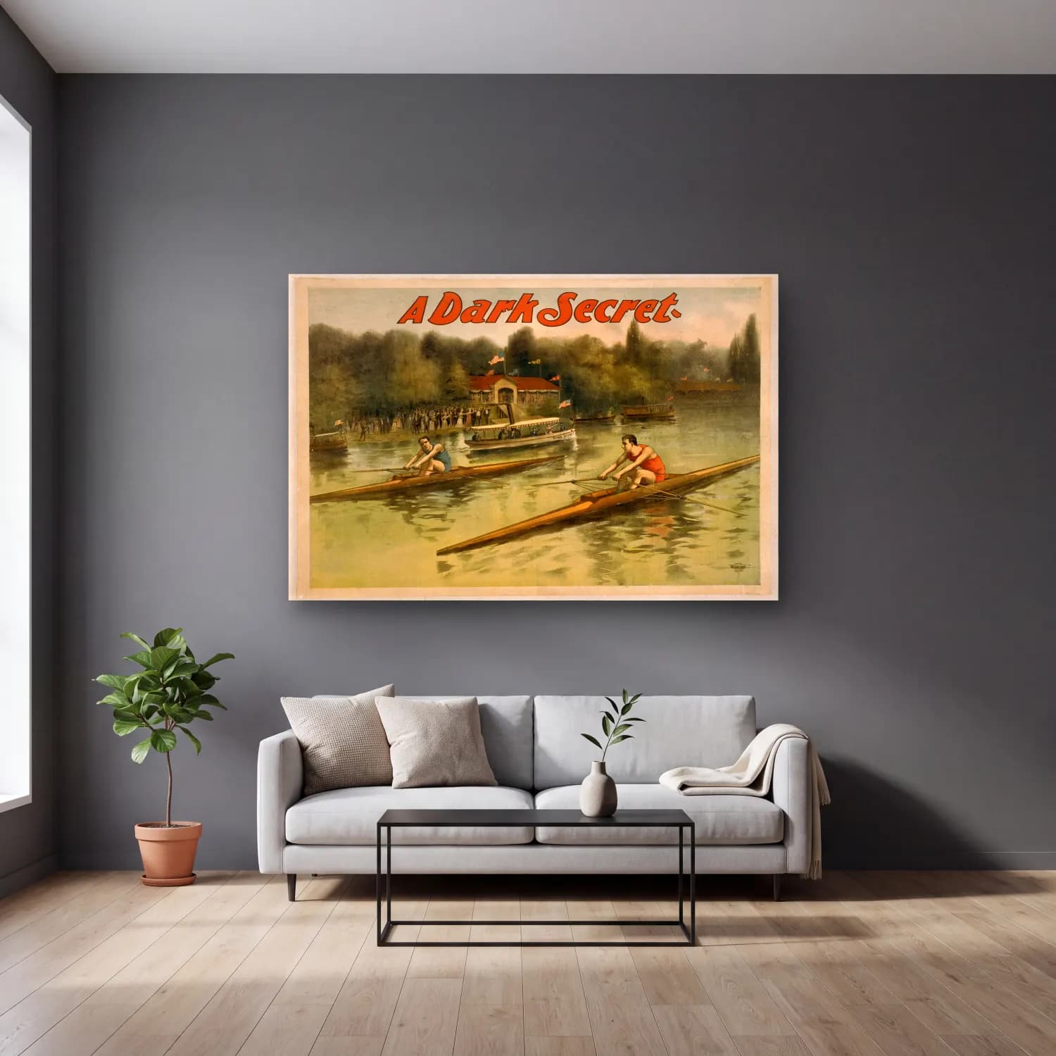 Vintage Poster Yelken Yarışı – Siyah Beyaz Tonlar cam tablo — gri duvarlı salonda