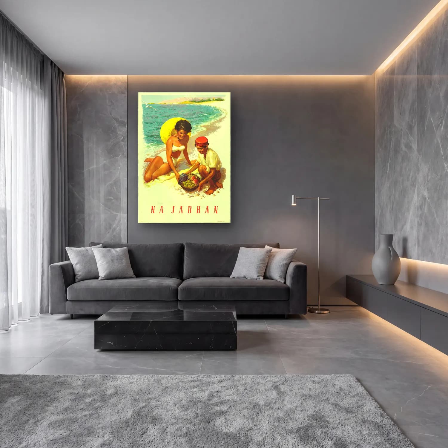 Vintage Poster Sahilde İnsanlar – Sarı Tonlar cam tablo — lüks salon duvarında