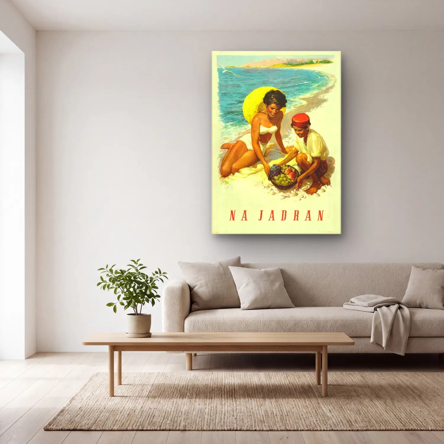 Vintage Poster Sahilde İnsanlar – Sarı Tonlar cam tablo — açık renk salonda