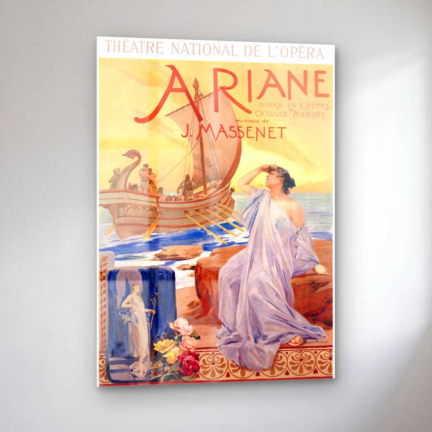 Vintage Poster Mitolojik Sahne – Pastel Tonlar cam tablo — sol açıdan görünüm