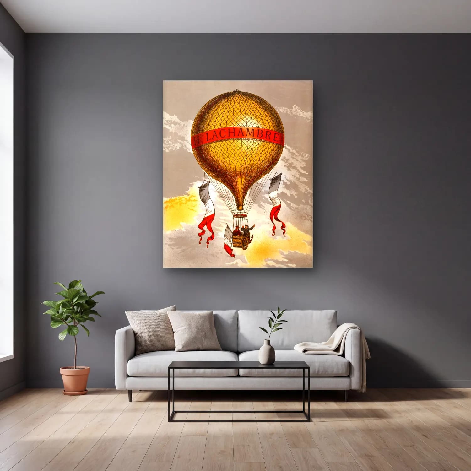 Vintage Poster Sıcak Hava Balonu cam tablo — gri duvarlı salonda