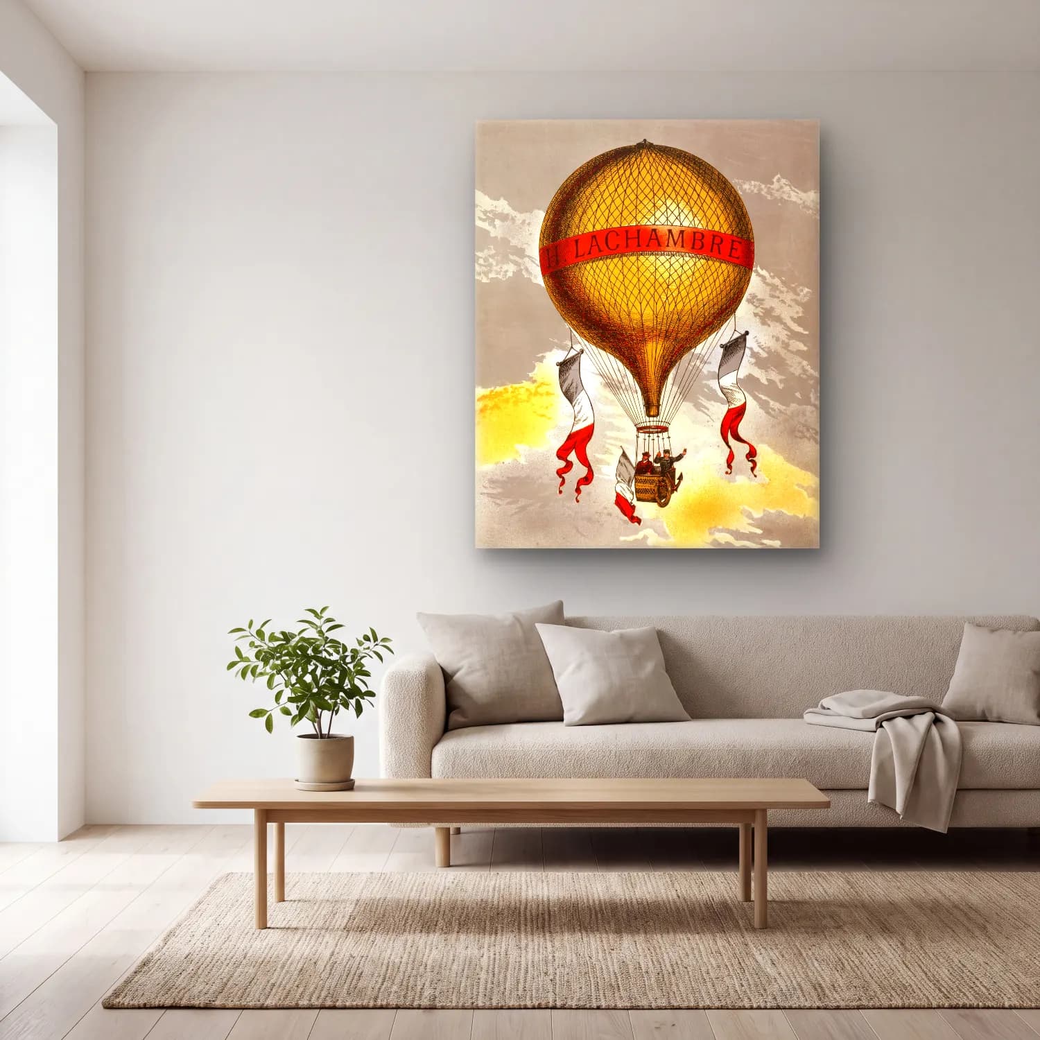 Vintage Poster Sıcak Hava Balonu cam tablo — açık renk salonda