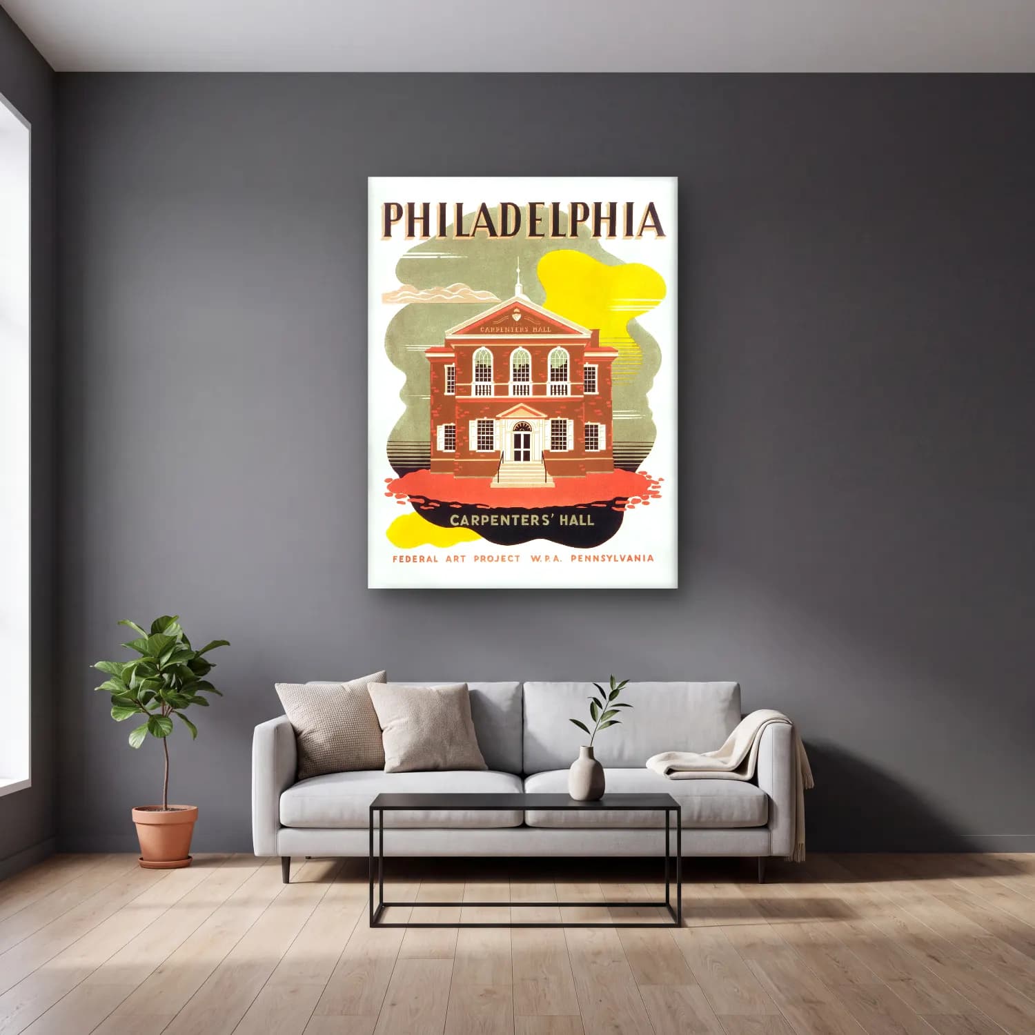 Vintage Poster Katedral No. 24 cam tablo — gri duvarlı salonda