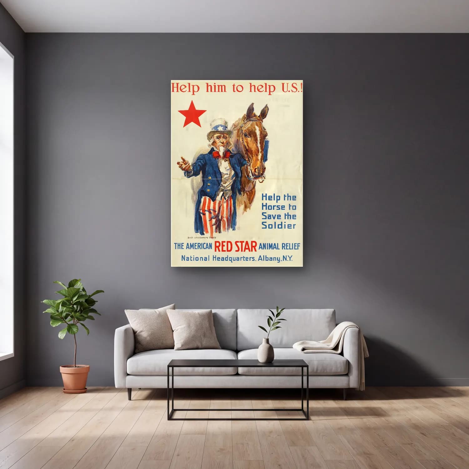 Vintage Poster Atlı No. 7 cam tablo — gri duvarlı salonda