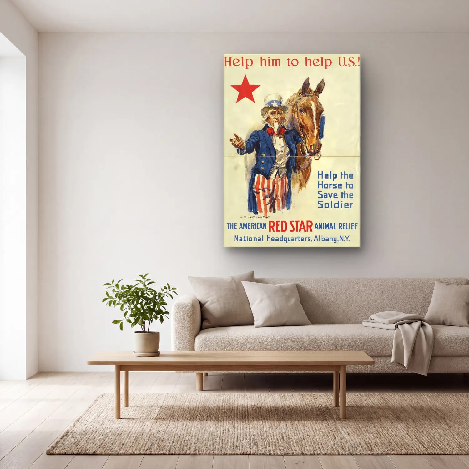 Vintage Poster Atlı No. 7 cam tablo — açık renk salonda