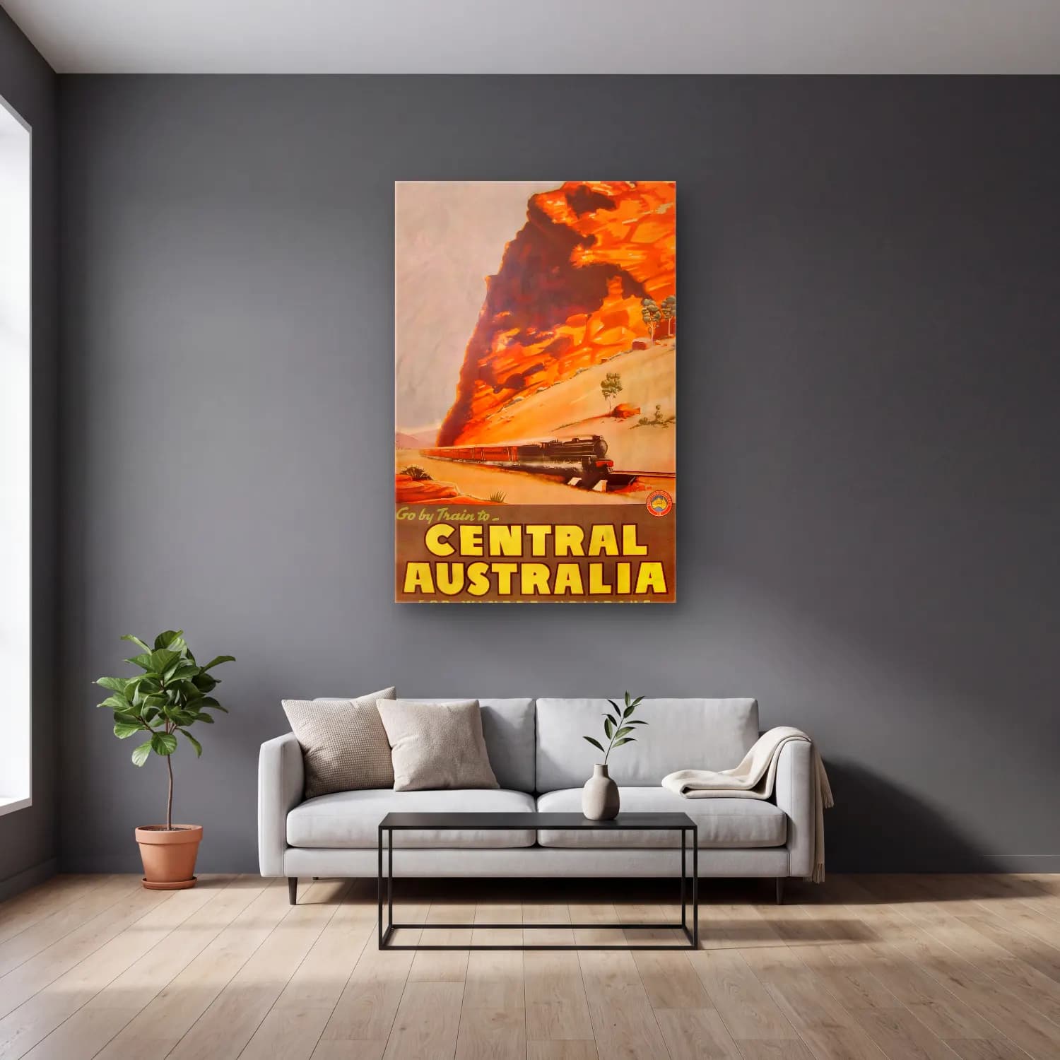 Vintage Poster Tren No. 10 cam tablo — gri duvarlı salonda