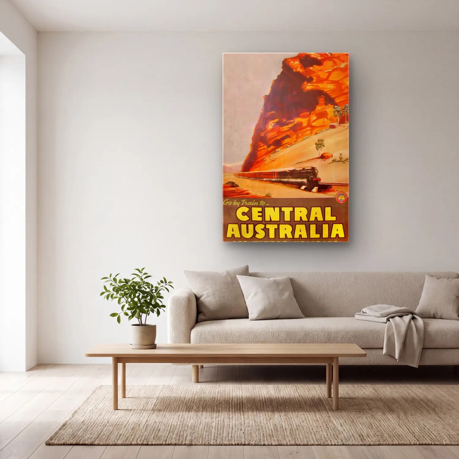Vintage Poster Tren No. 10 cam tablo — açık renk salonda