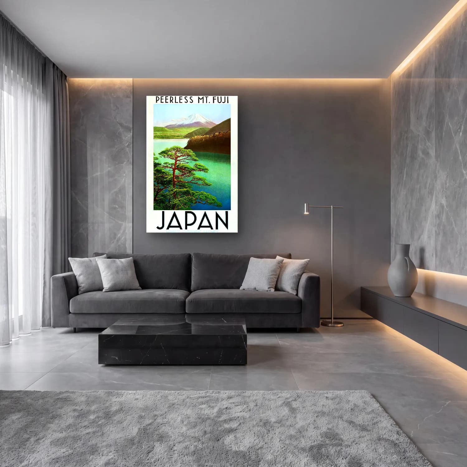 Japon Baskı Göl ve Dağlar – Yeşil Tonlar cam tablo — lüks salon duvarında