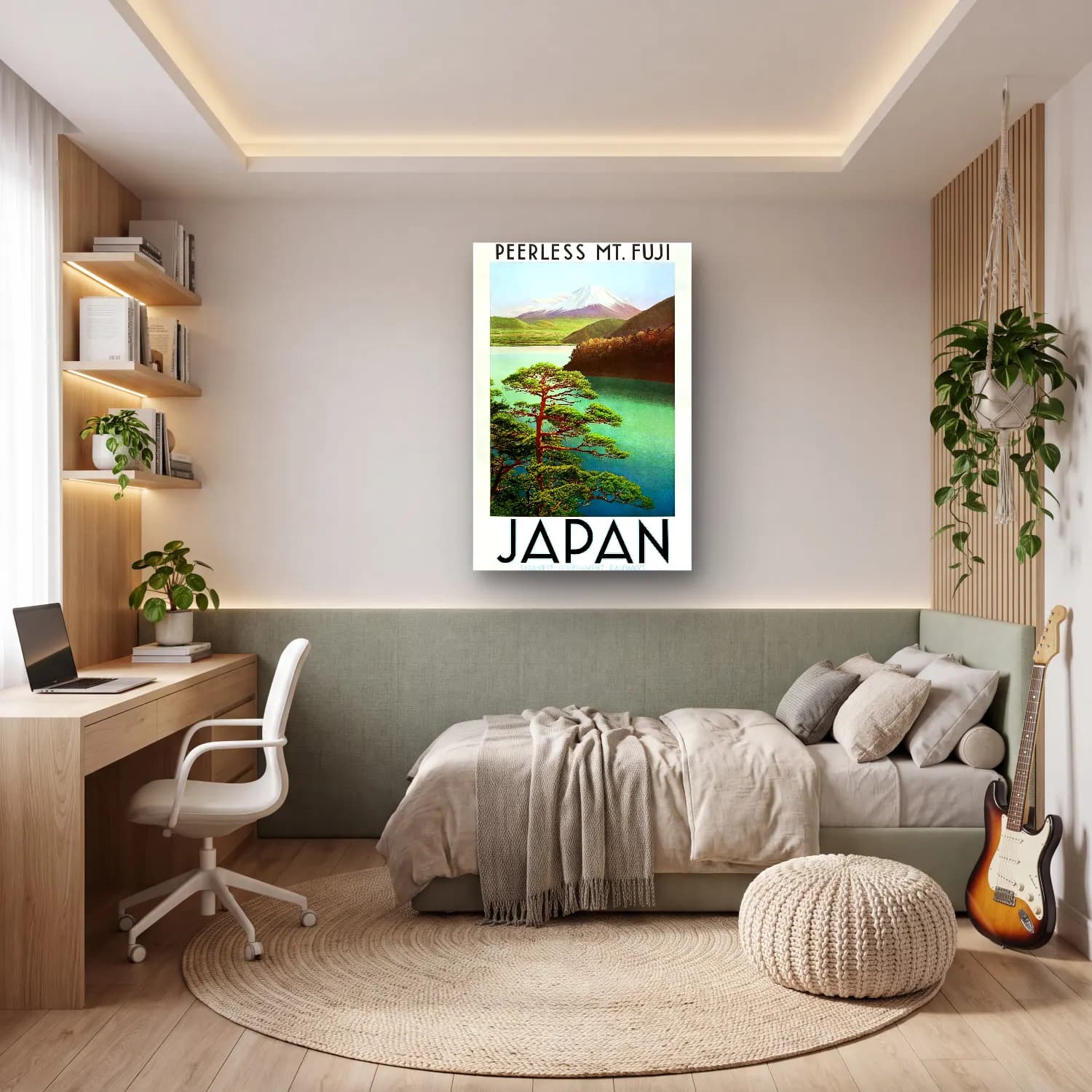 Japon Baskı Göl ve Dağlar – Yeşil Tonlar cam tablo — genç odasında