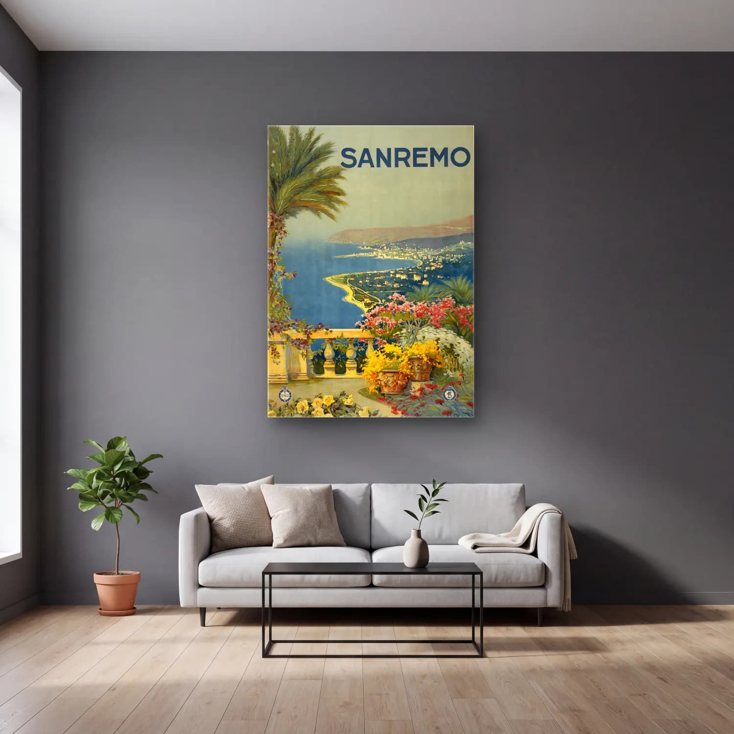 Vintage Poster İtalyan Sahili – Pastel Tonlar cam tablo — gri duvarlı salonda