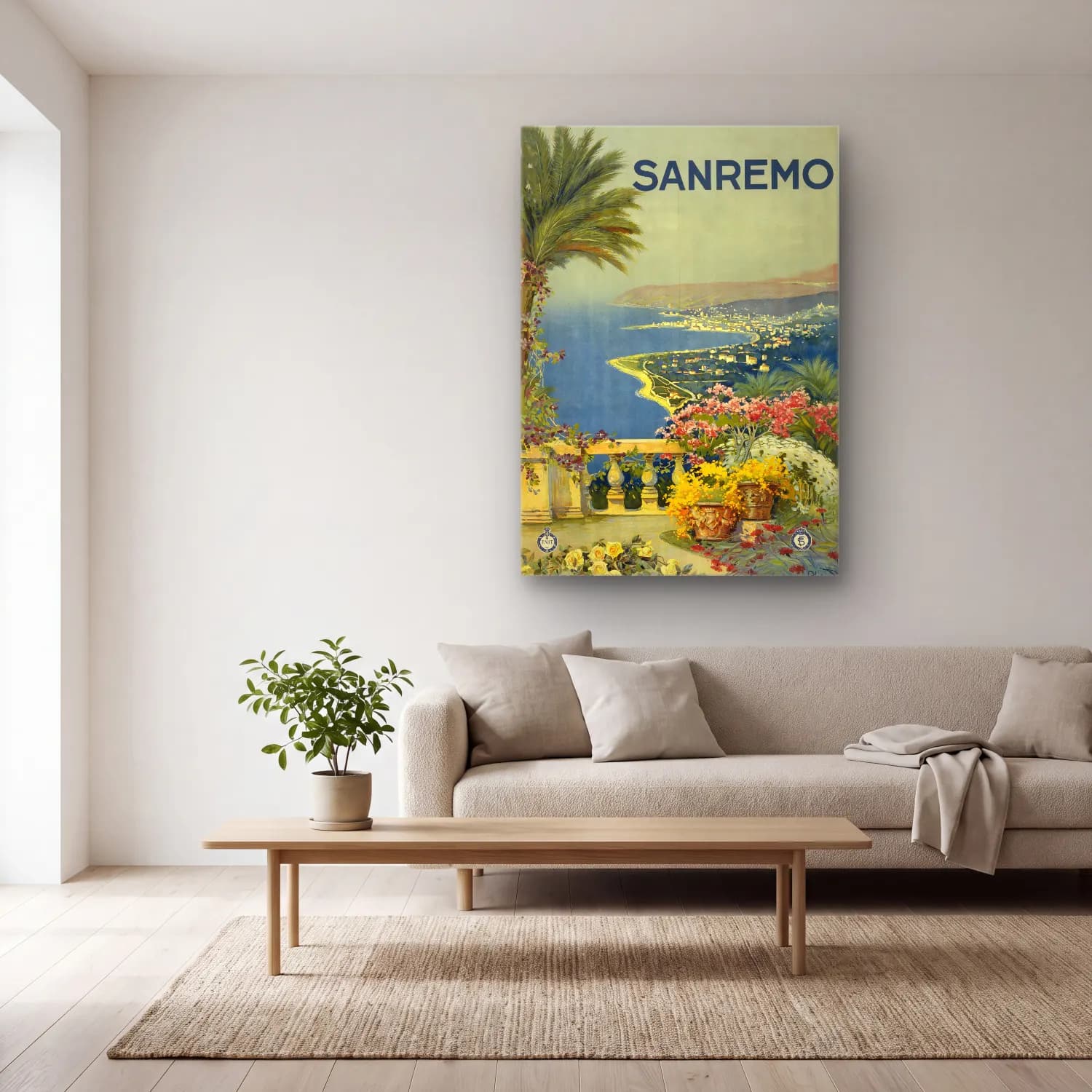 Vintage Poster İtalyan Sahili – Pastel Tonlar cam tablo — açık renk salonda