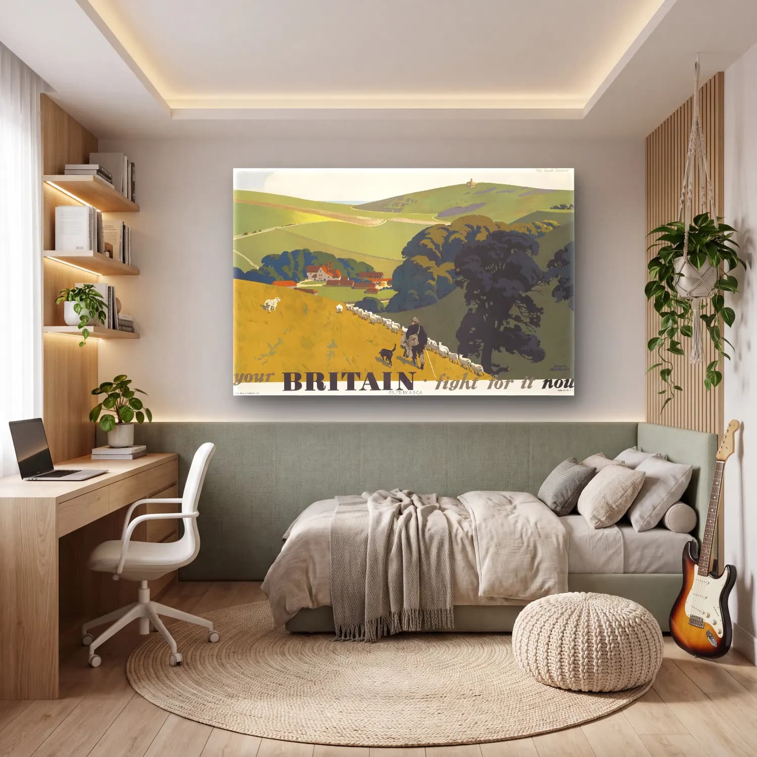 Vintage Poster Yeşil Tepeler – Bej Tonlar cam tablo — genç odasında