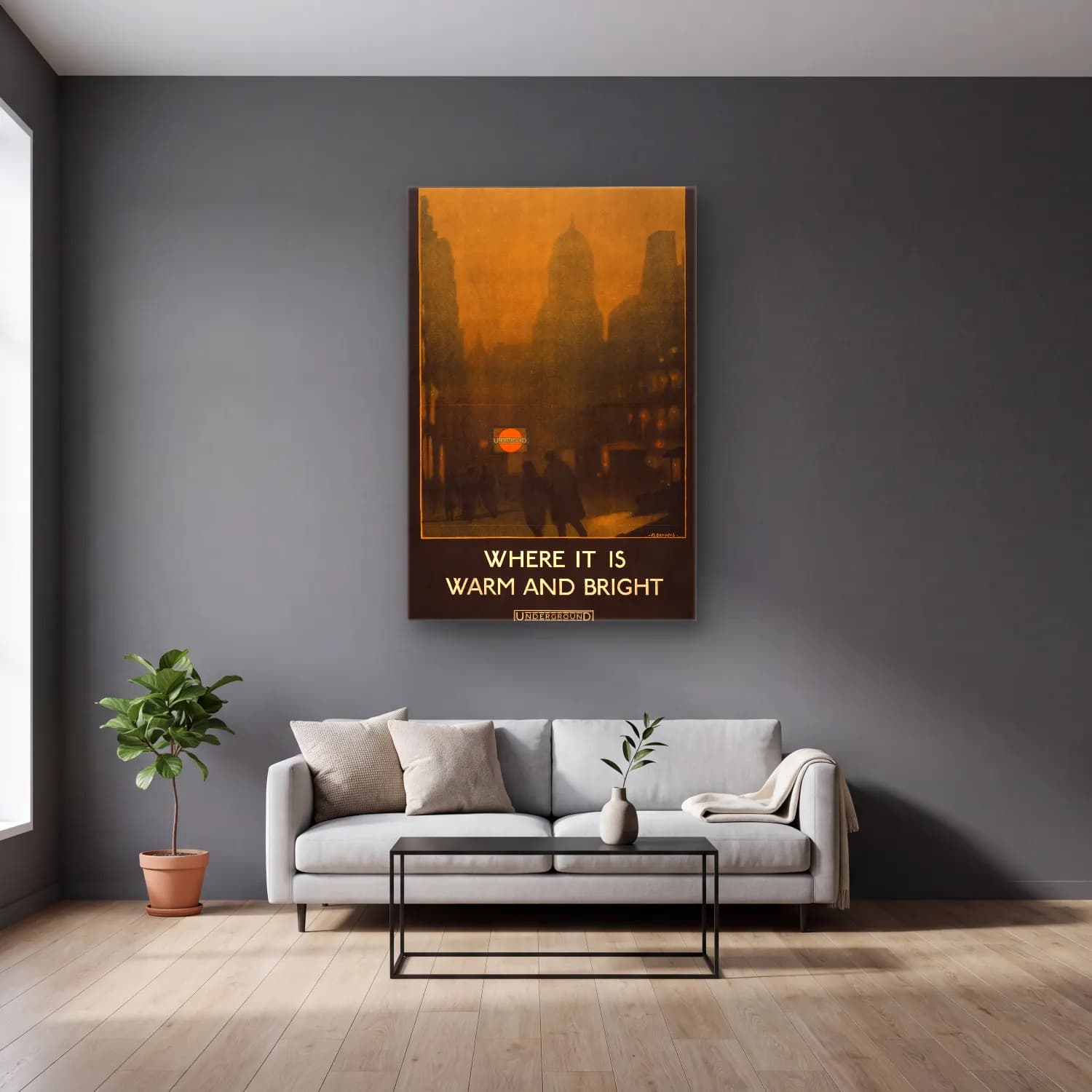 Vintage Poster Gece Şehir No. 17 cam tablo — gri duvarlı salonda