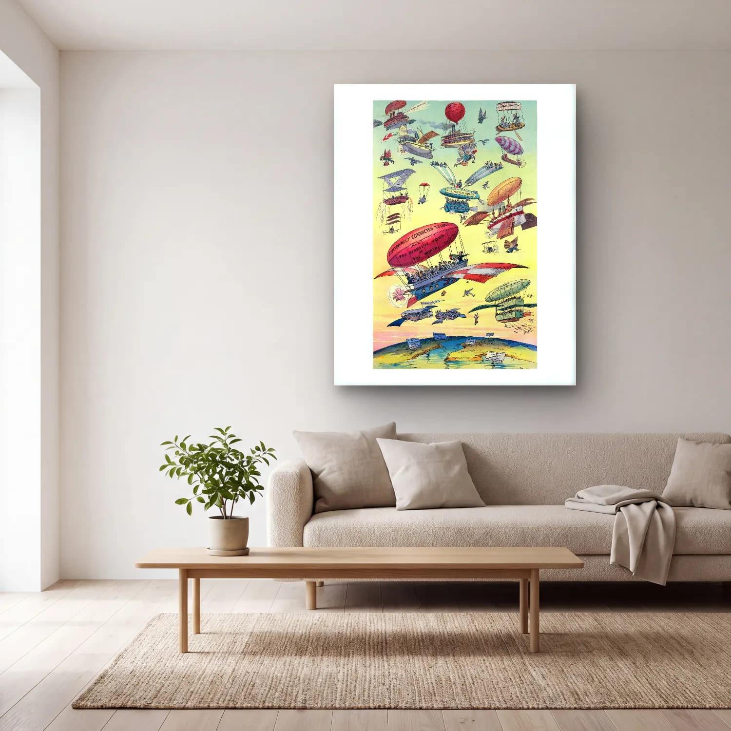 Vintage Poster Sıcak Hava Balonu – Pastel Tonlar cam tablo — açık renk salonda