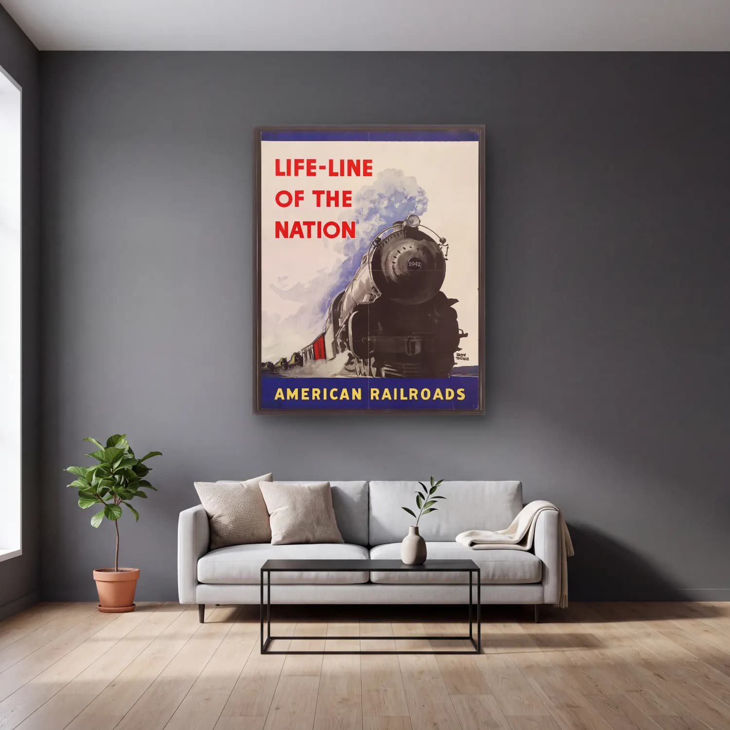 Vintage Poster Tren No. 12 cam tablo — gri duvarlı salonda