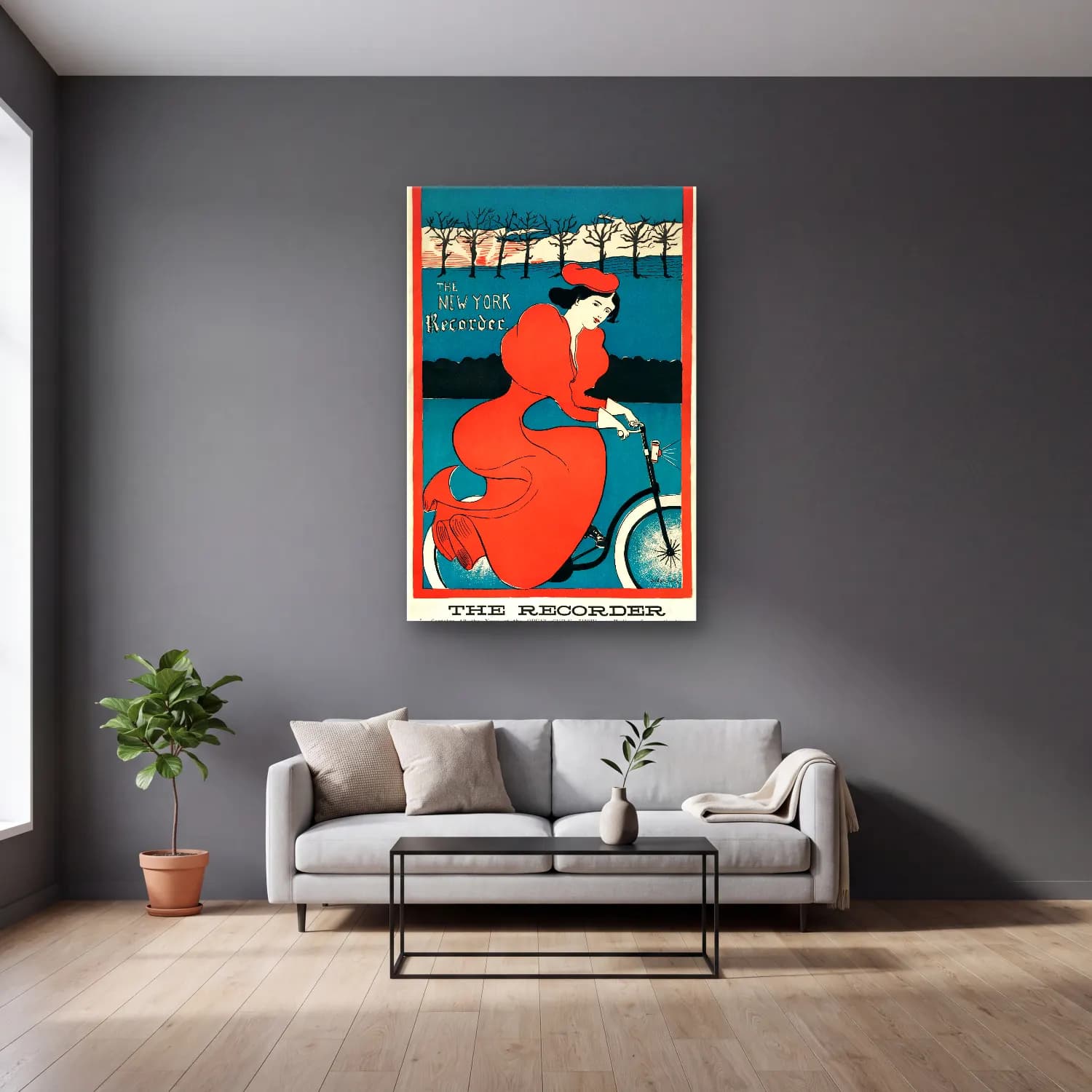 Vintage Poster Bisiklet – Kırmızı Tonlar cam tablo — gri duvarlı salonda