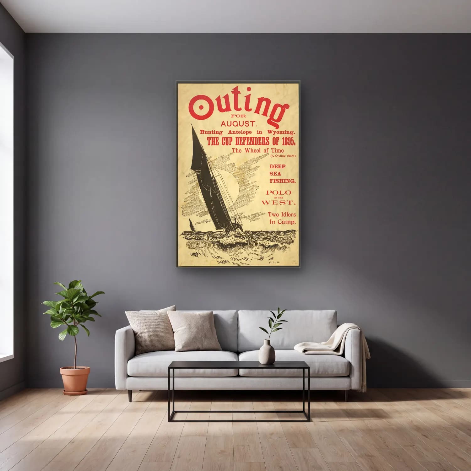 Vintage Poster Yelken Yarışı No. 7 cam tablo — gri duvarlı salonda