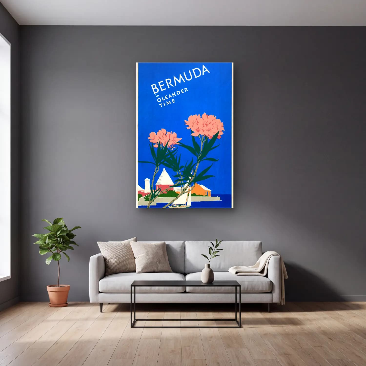 Vintage Poster Bahçeli Kulübe cam tablo — gri duvarlı salonda