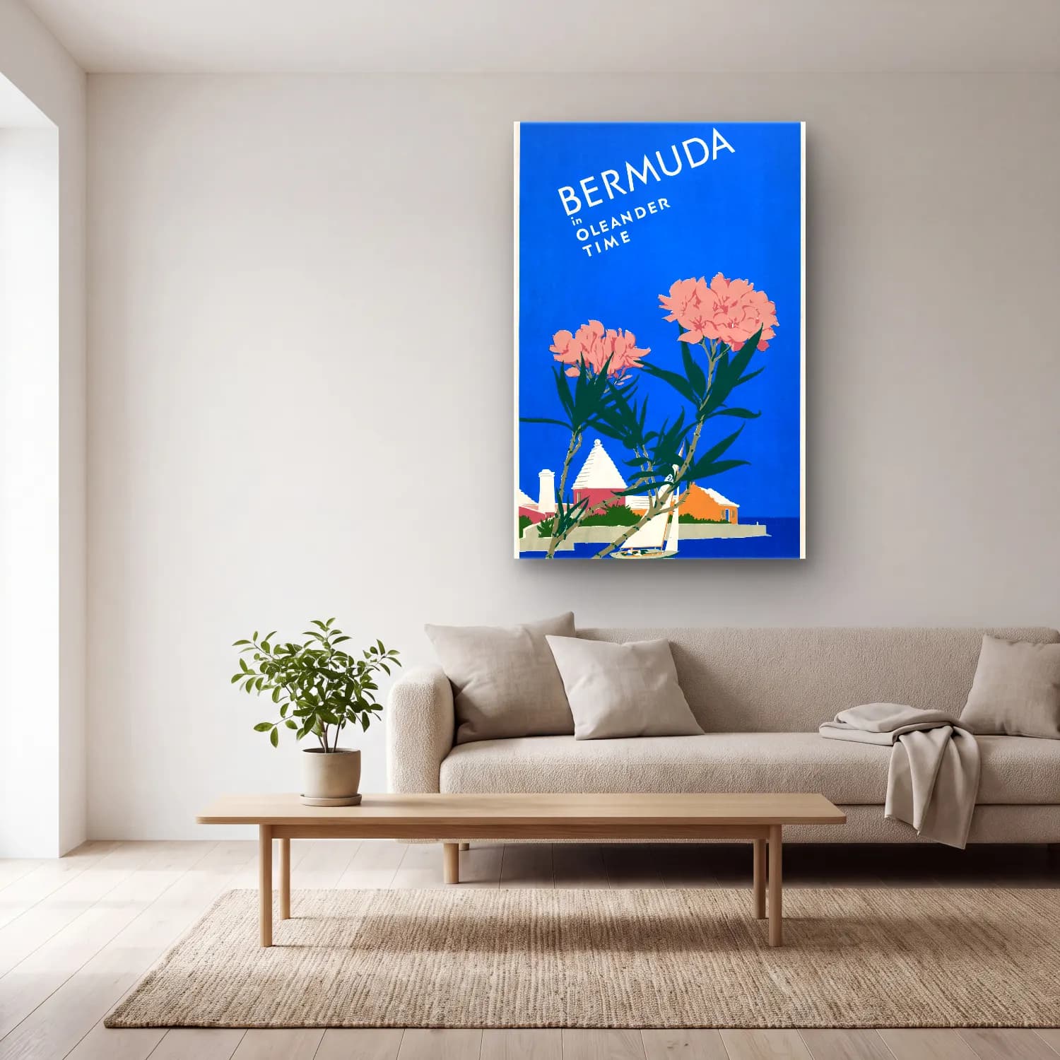 Vintage Poster Bahçeli Kulübe cam tablo — açık renk salonda