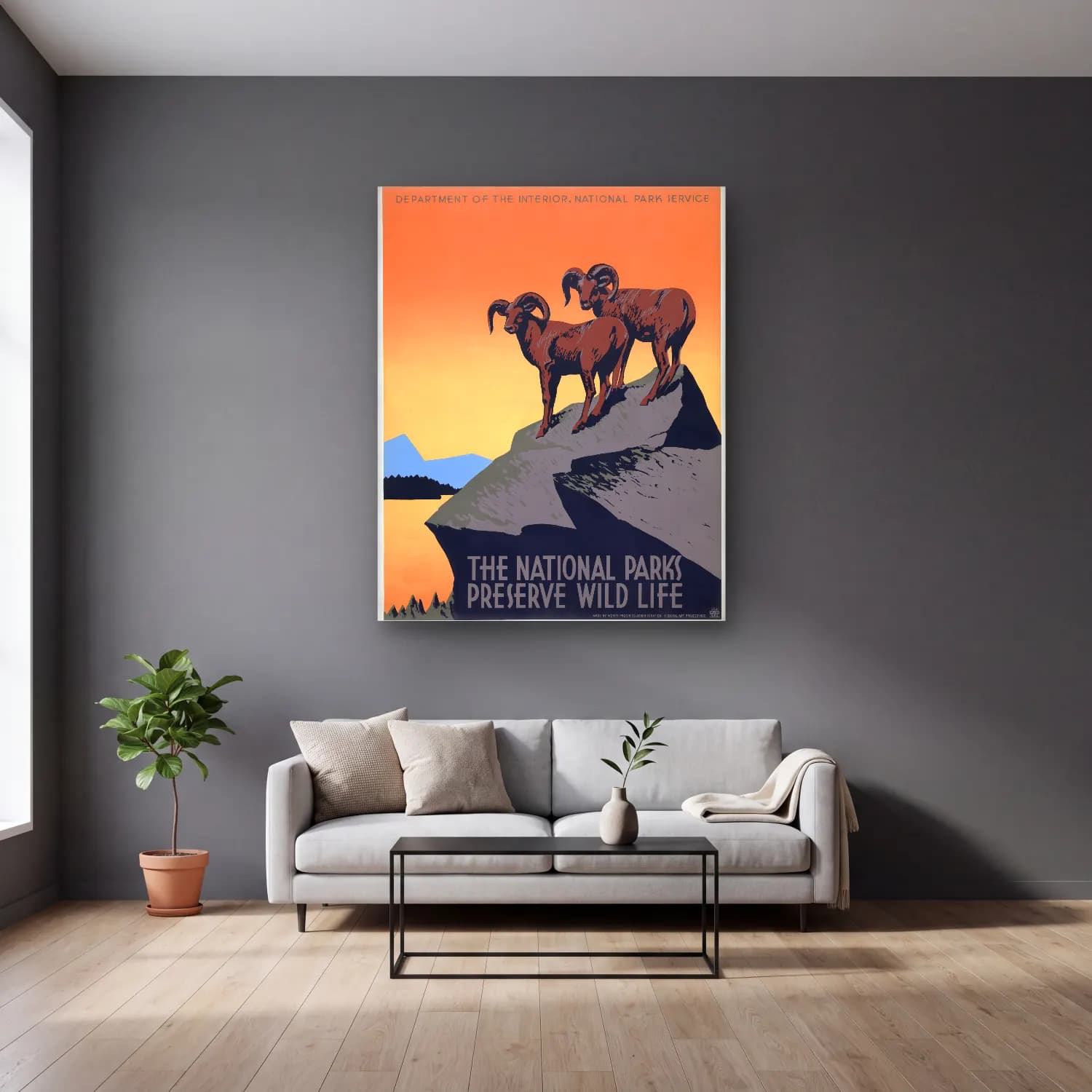 Vintage Poster Dağ Manzarası No. 11 cam tablo — gri duvarlı salonda