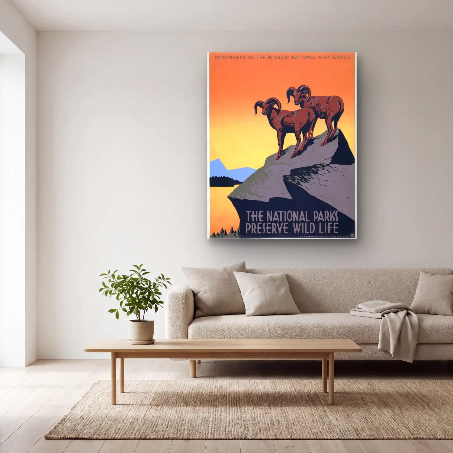 Vintage Poster Dağ Manzarası No. 11 cam tablo — açık renk salonda