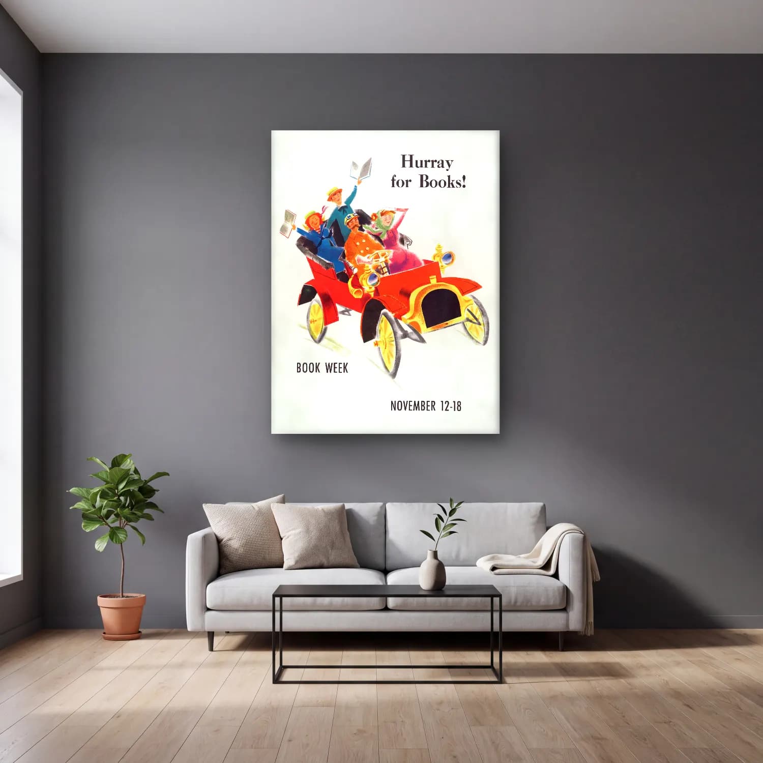 Vintage Poster Kitaplar cam tablo — gri duvarlı salonda