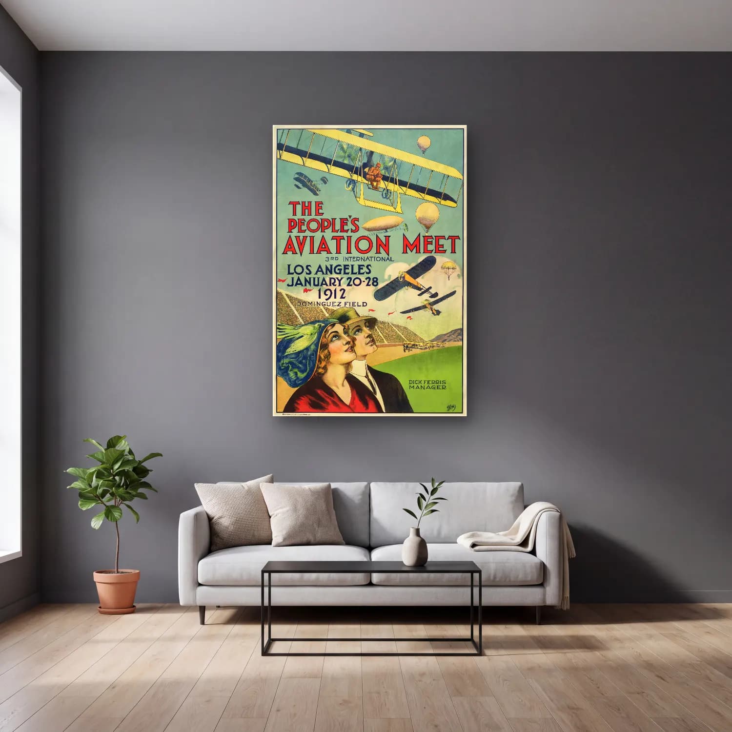 Vintage Poster Uçak No. 9 cam tablo — gri duvarlı salonda