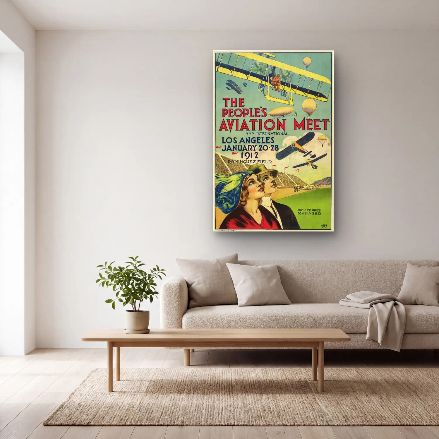 Vintage Poster Uçak No. 9 cam tablo — açık renk salonda