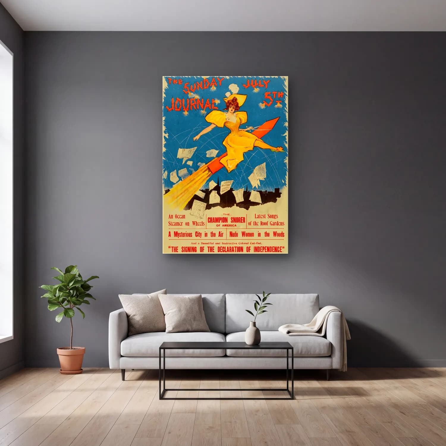 Vintage Poster Kitap Okuyan Kadın – Turuncu Tonlar cam tablo — gri duvarlı salonda