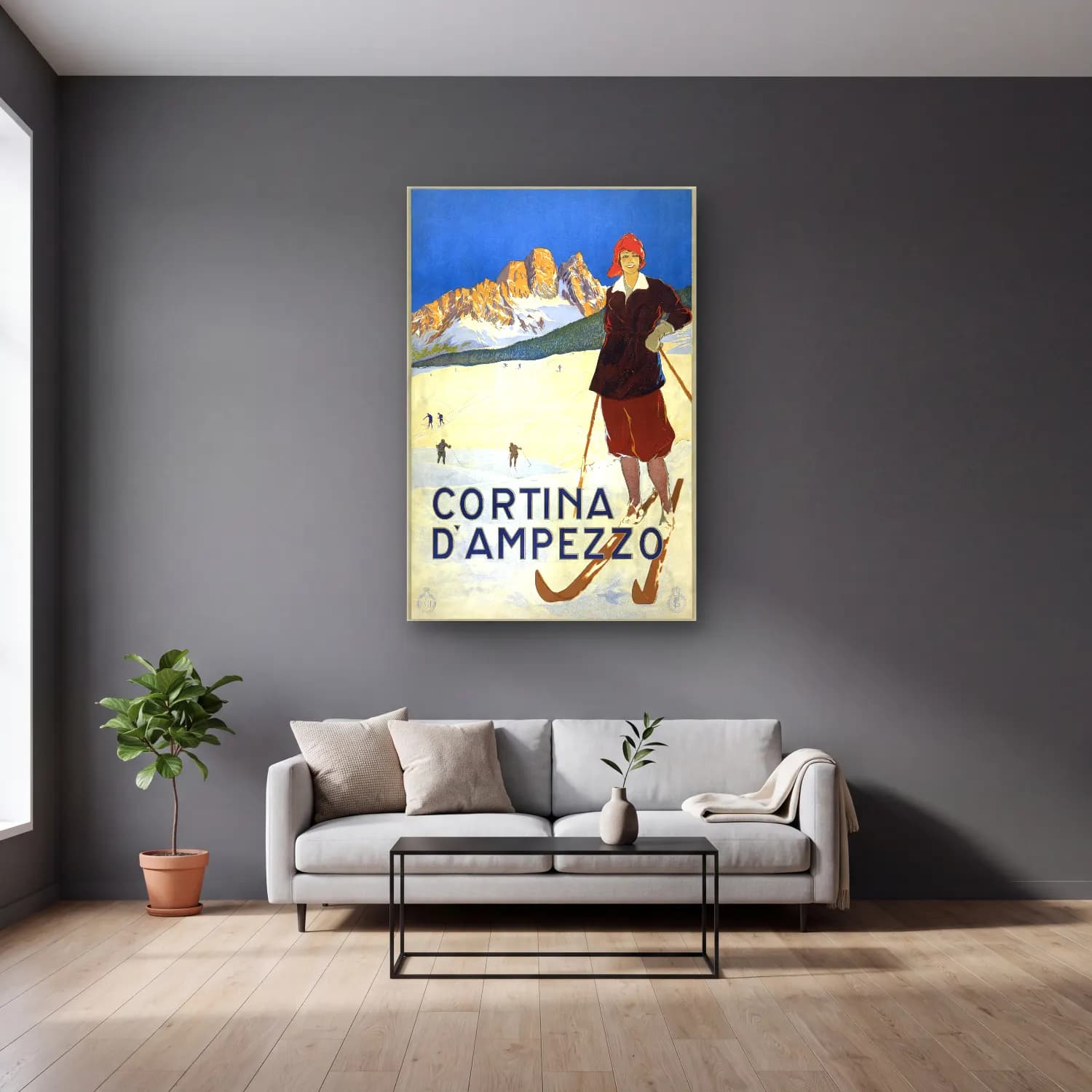 Vintage Poster Kayak – Bej Tonlar cam tablo — gri duvarlı salonda
