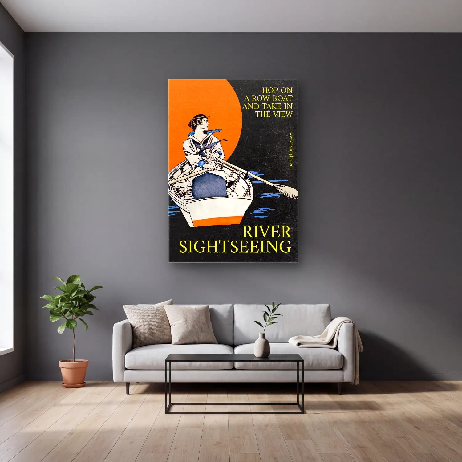 Vintage Poster Yelken Yarışı No. 8 cam tablo — gri duvarlı salonda