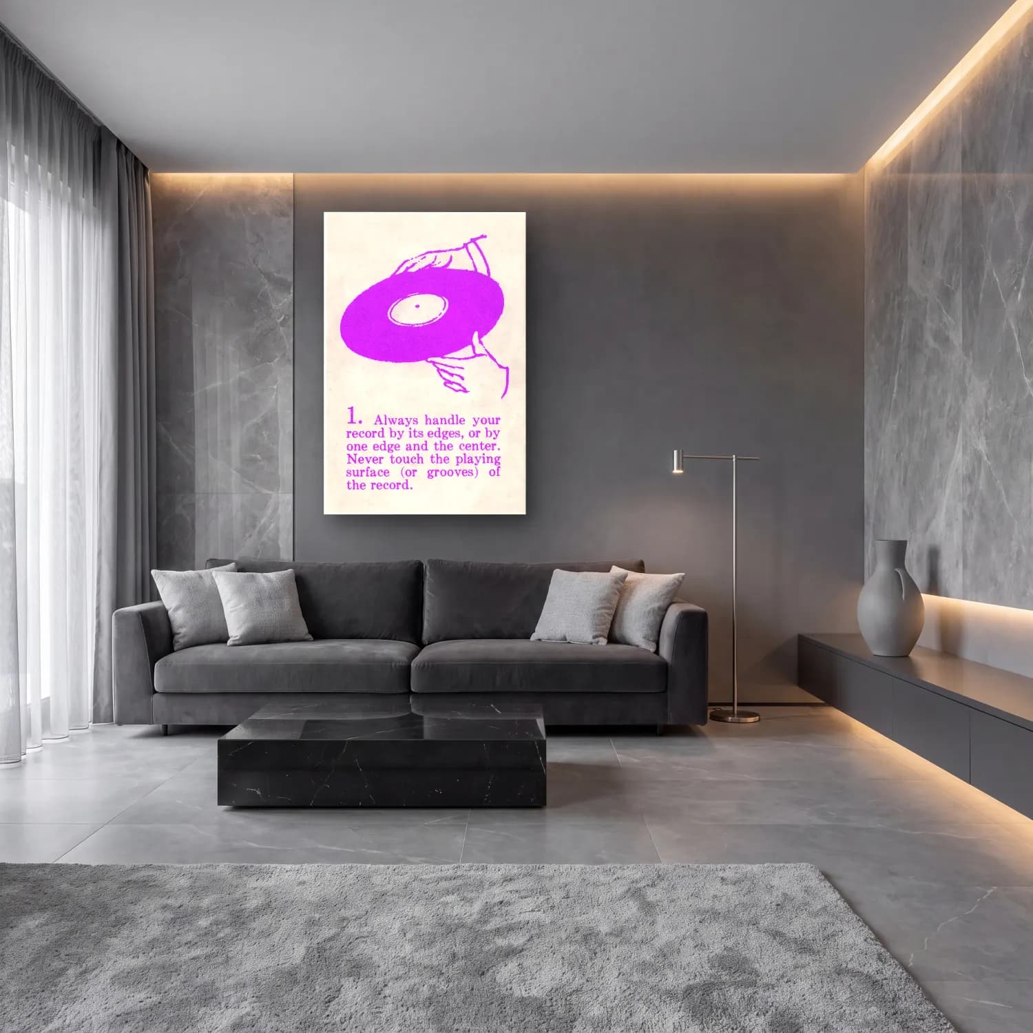 Vintage Poster Plak – Mor Tonlar cam tablo — lüks salon duvarında