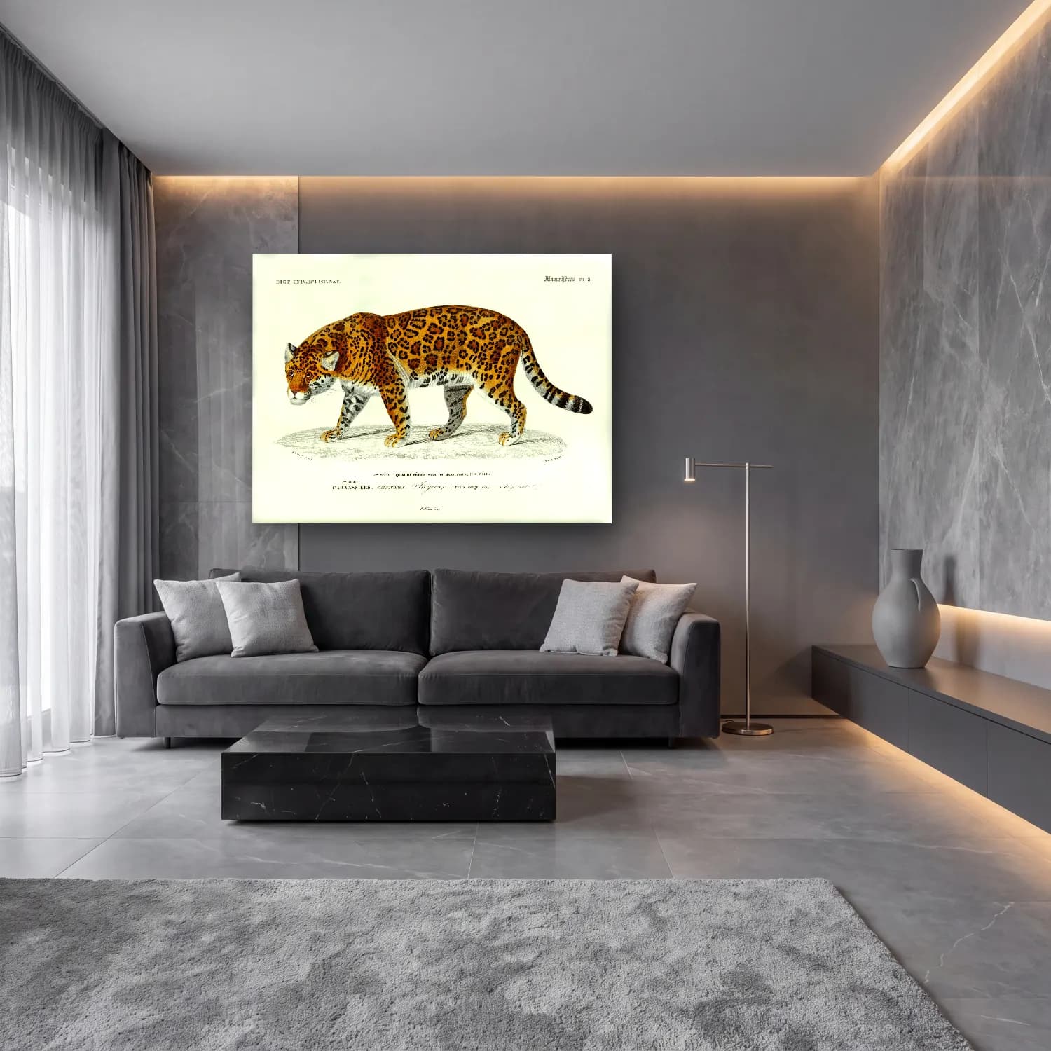Vintage Leopar – Siyah Beyaz Tonlar cam tablo — lüks salon duvarında