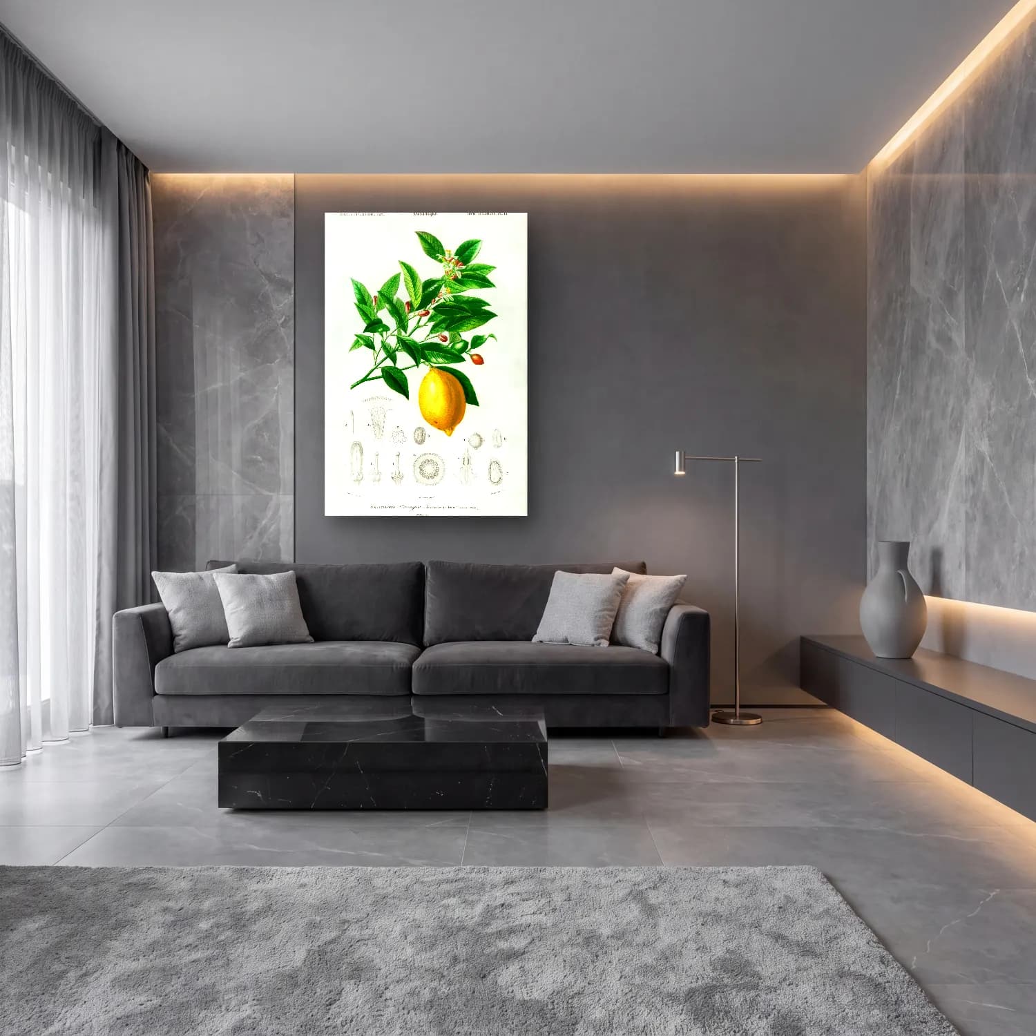 Botanik İllüstrasyon Limon Dalı No. 7 cam tablo — lüks salon duvarında