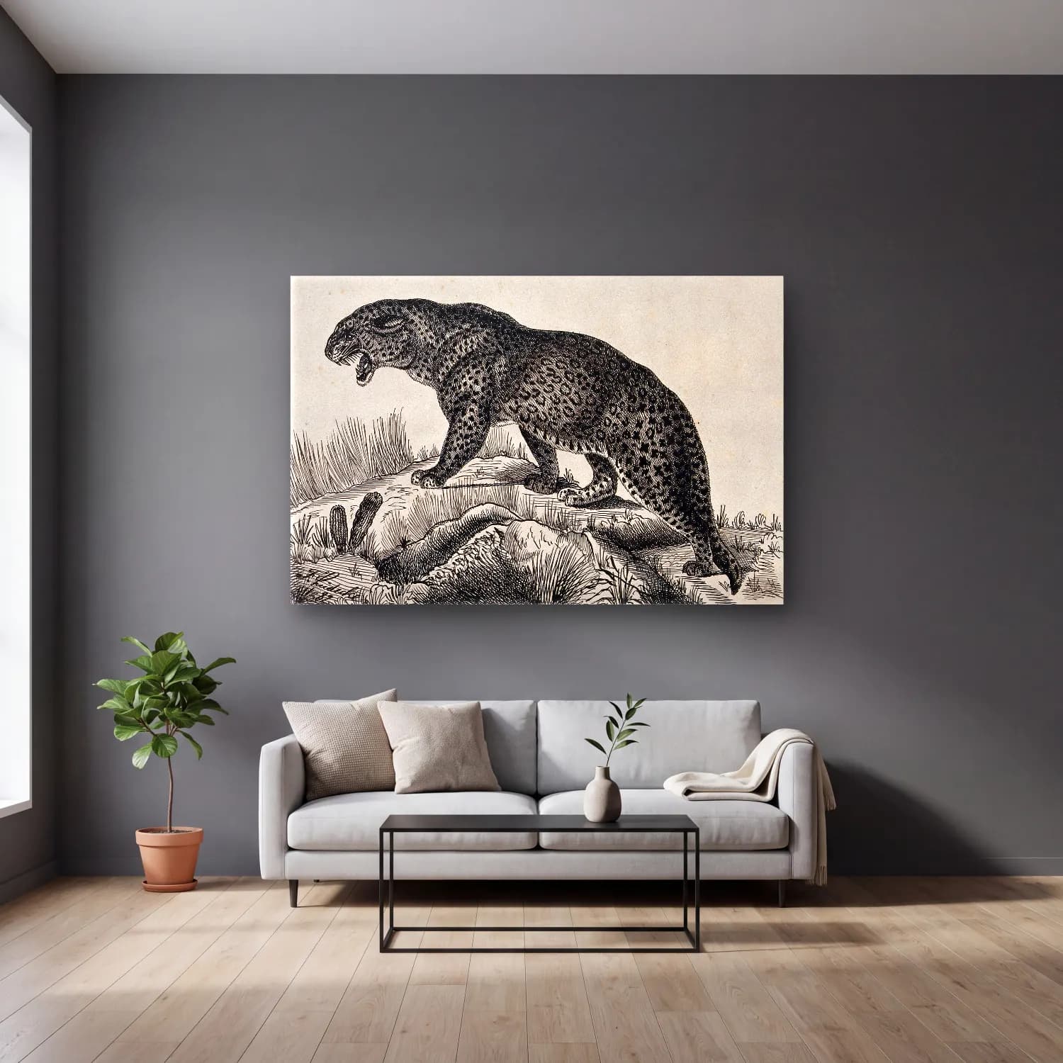 Vintage Leopar No. 4 cam tablo — gri duvarlı salonda