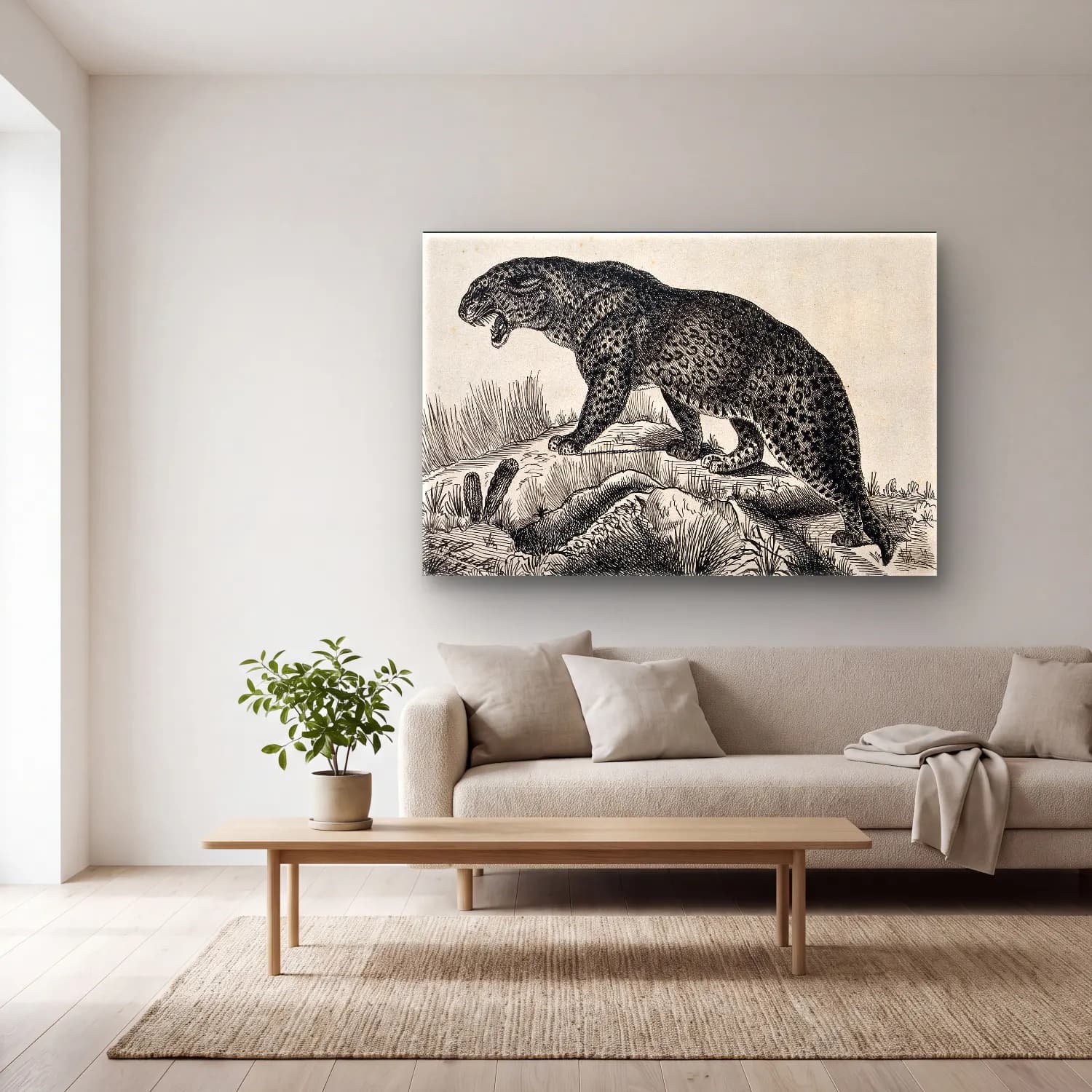 Vintage Leopar No. 4 cam tablo — açık renk salonda